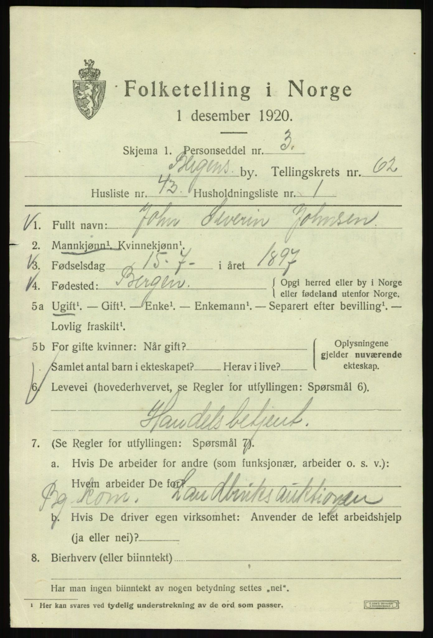 SAB, 1920 census for Bergen, 1920, p. 131598