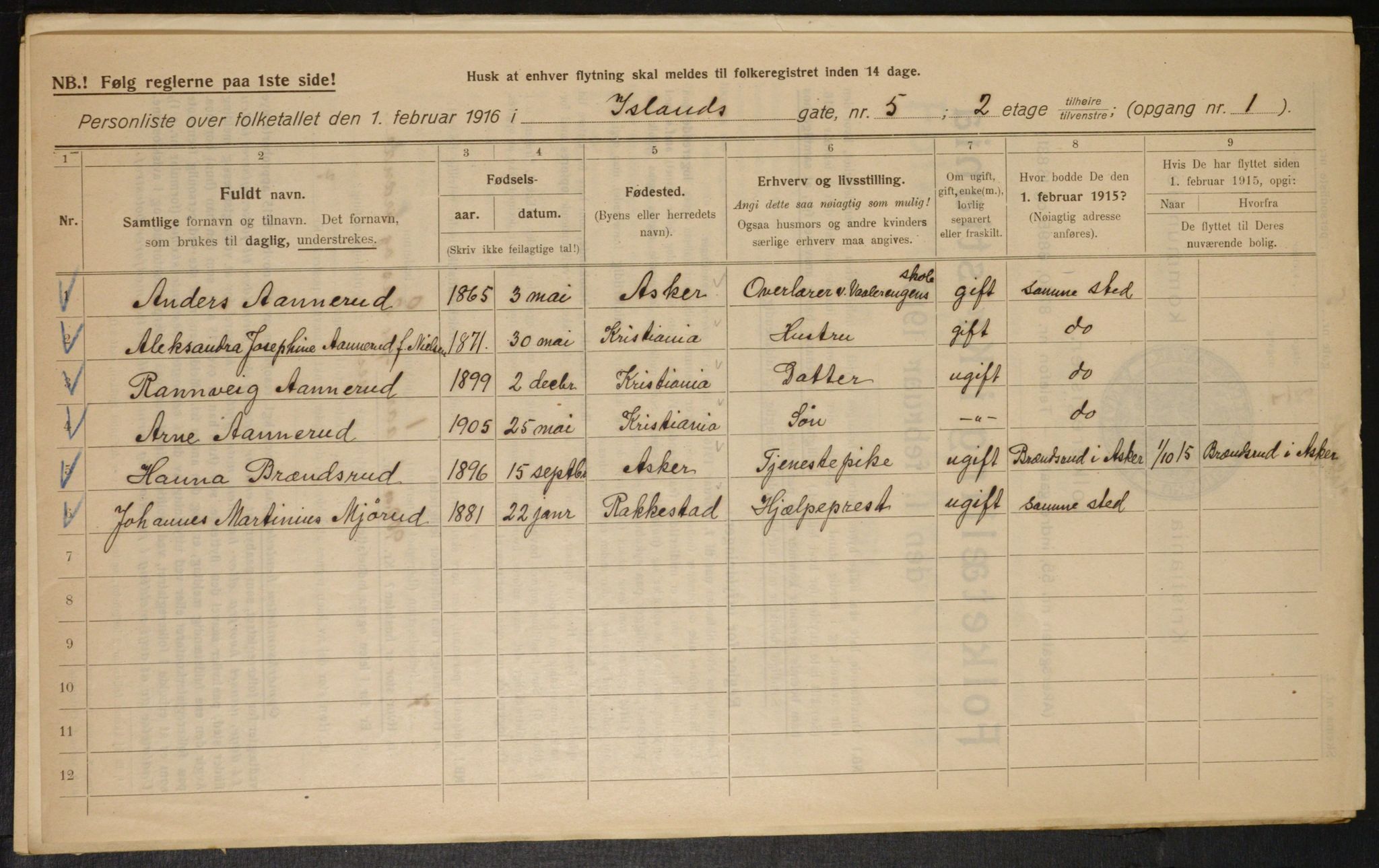 OBA, Municipal Census 1916 for Kristiania, 1916, p. 45457