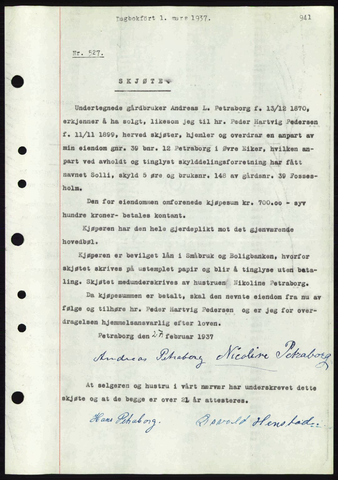 Eiker, Modum og Sigdal sorenskriveri, SAKO/A-123/G/Ga/Gab/L0034: Mortgage book no. A4, 1936-1937, Diary no: : 527/1937