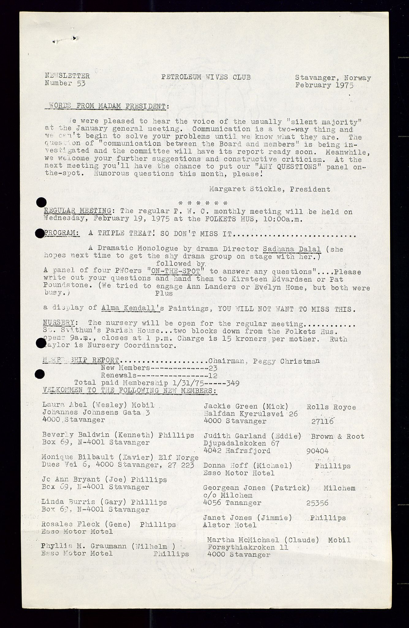 PA 1547 - Petroleum Wives Club, AV/SAST-A-101974/X/Xa/L0001: Newsletters (1971-1978)/radiointervjuer på kasett (1989-1992), 1970-1978