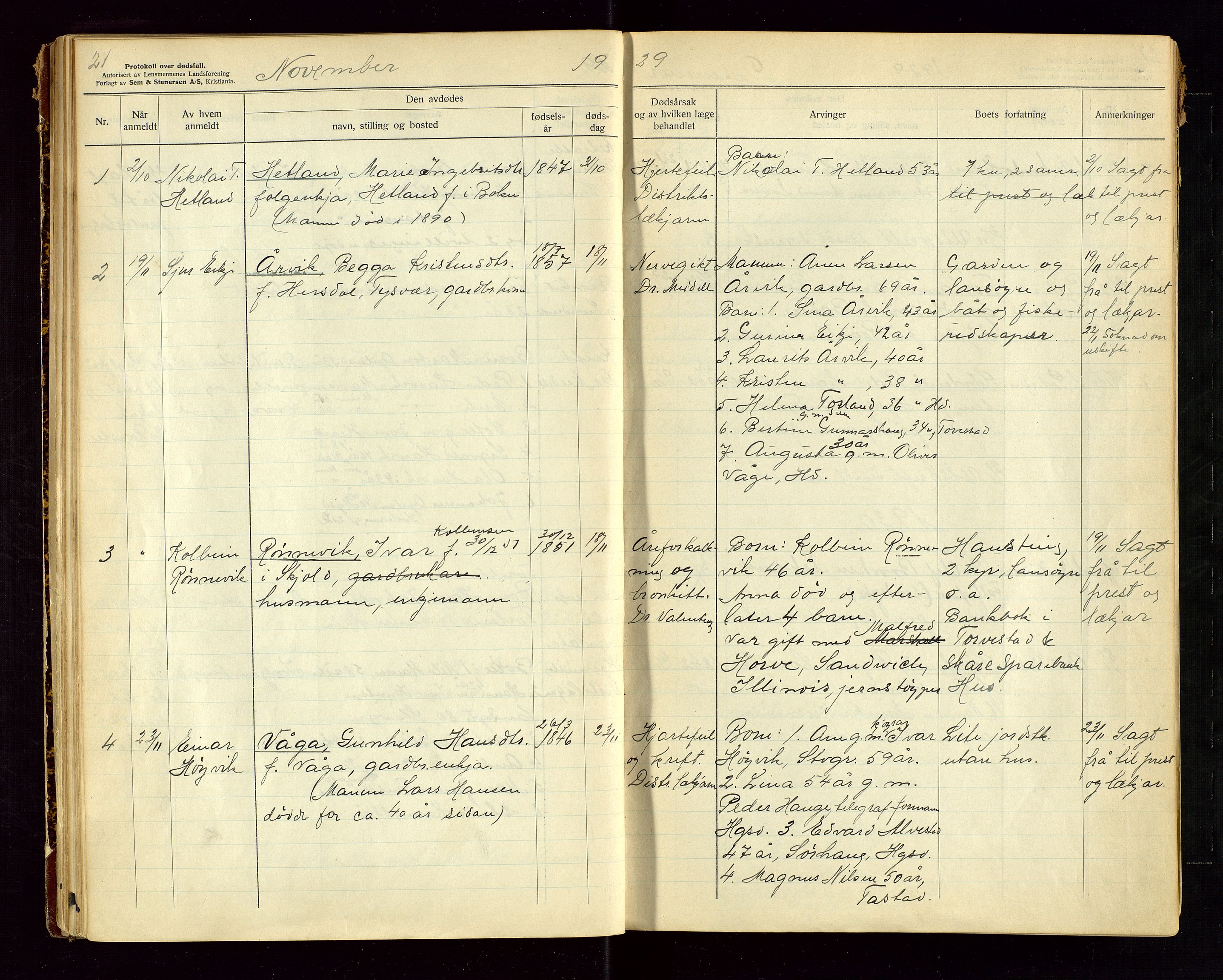 Tysvær lensmannskontor, AV/SAST-A-100192/Gga/L0004: "Protokol over anmeldte dødsfall i Tysvær lensmanndsdistrikt" med register, 1927-1949, p. 21