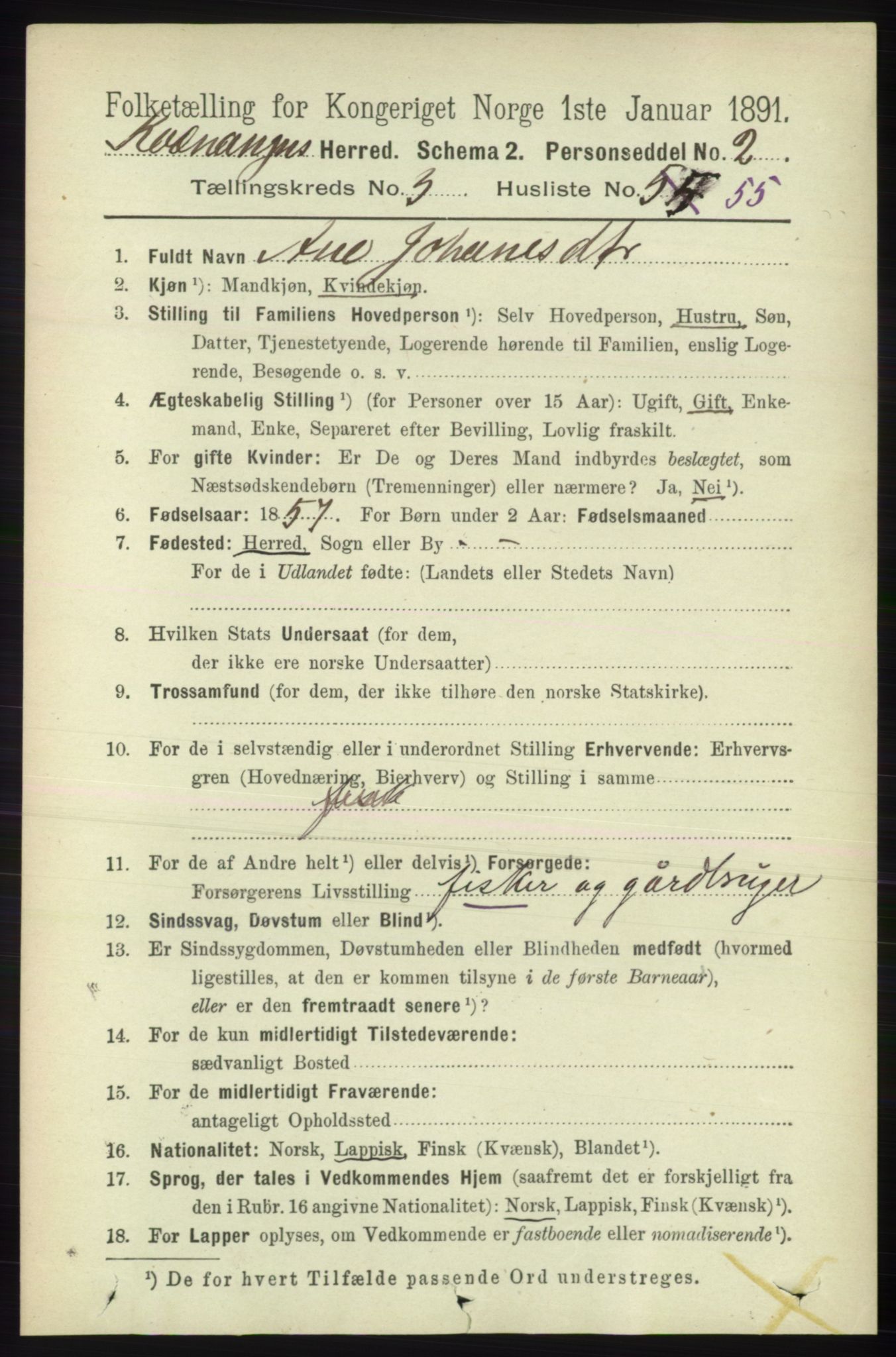 RA, 1891 census for 1943 Kvænangen, 1891, p. 1446