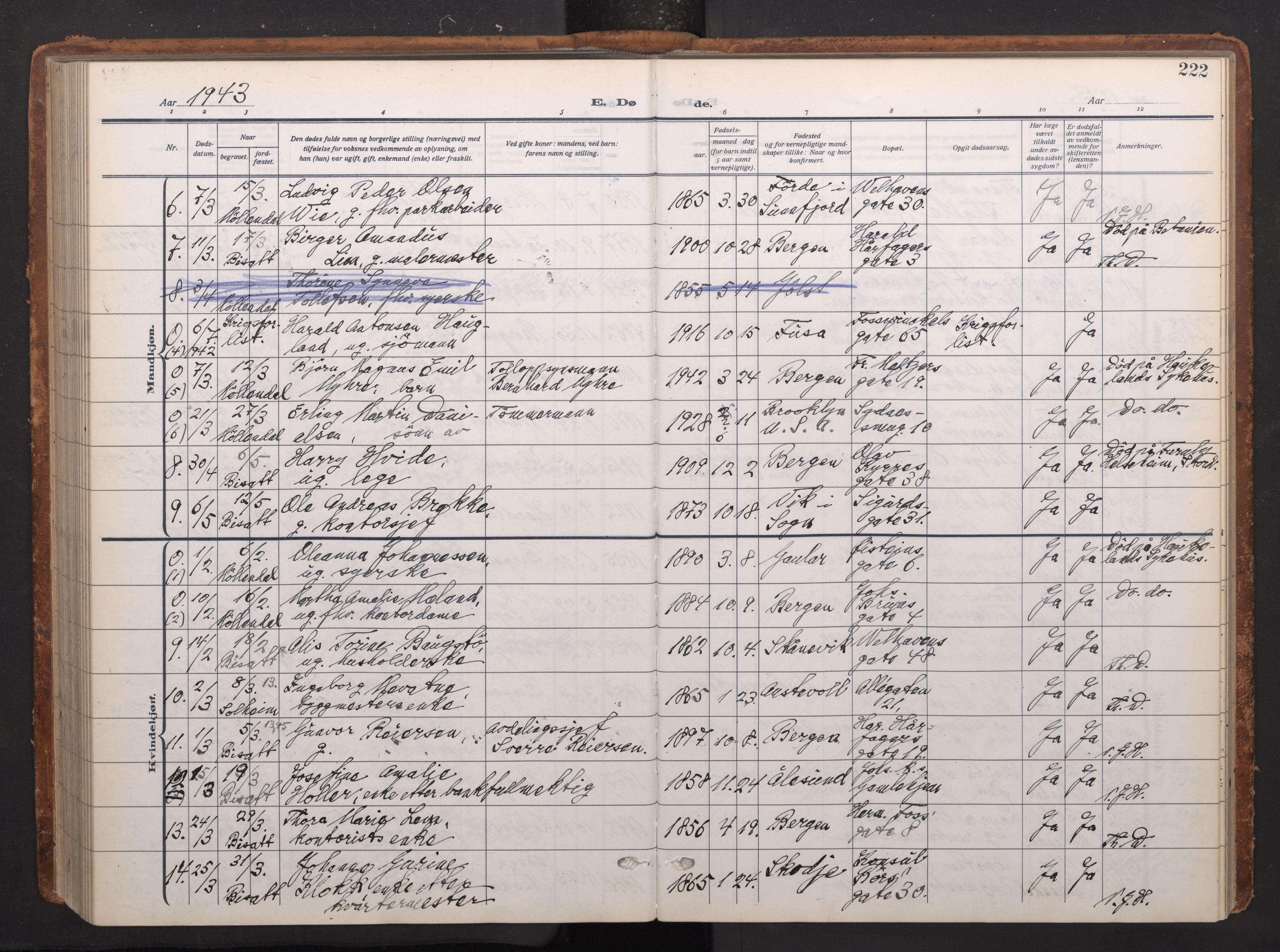 Johanneskirken sokneprestembete, AV/SAB-A-76001/H/Haa/L0020: Parish register (official) no. E 2, 1916-1951, p. 222