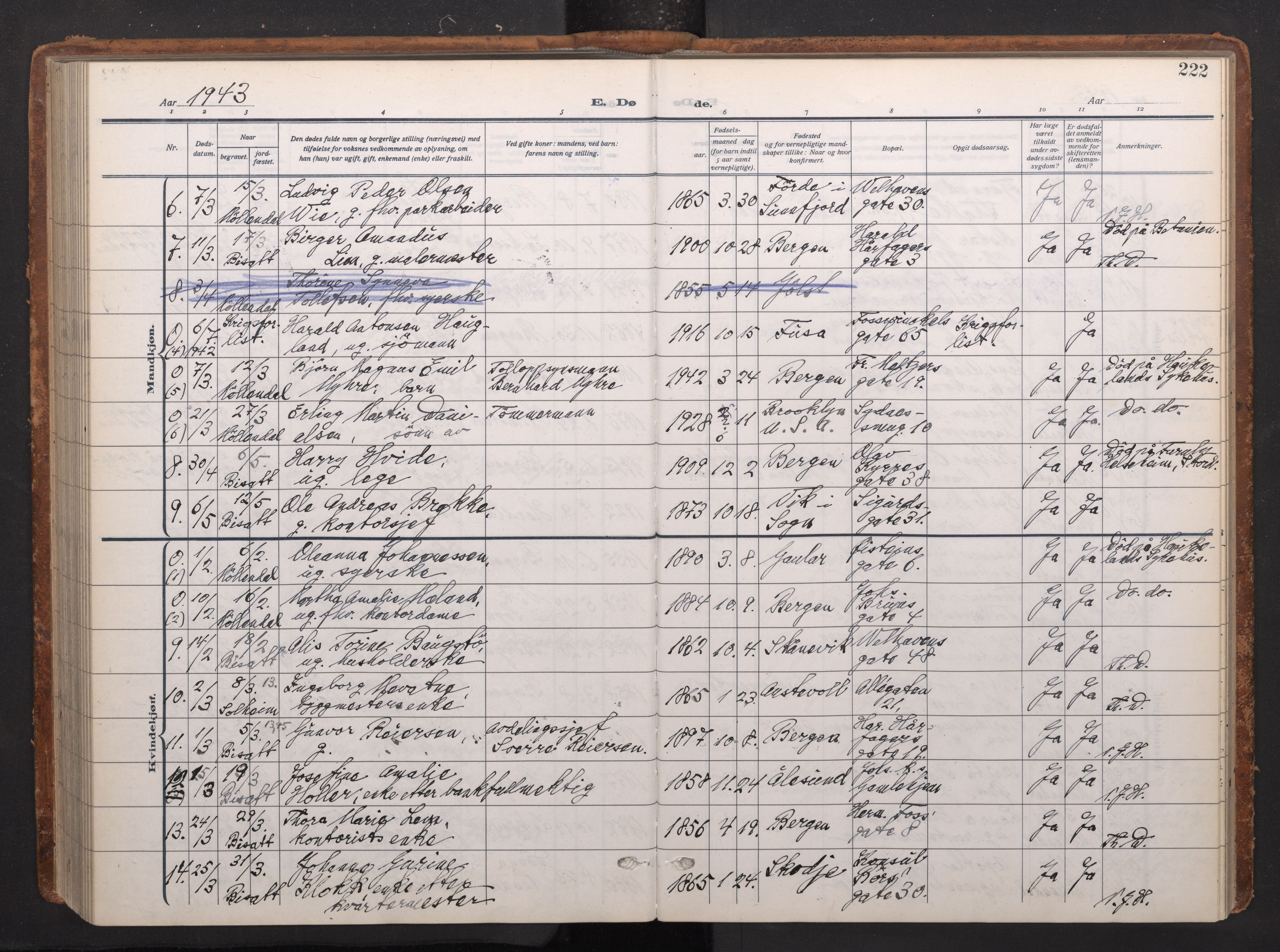 Johanneskirken sokneprestembete, SAB/A-76001/H/Haa/L0020: Parish register (official) no. E 2, 1916-1951, p. 222