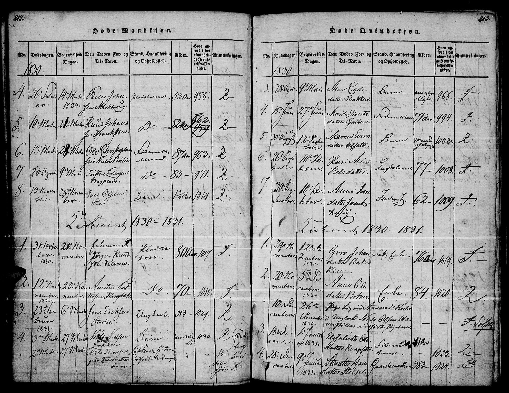 Kvikne prestekontor, AV/SAH-PREST-064/H/Ha/Haa/L0004: Parish register (official) no. 4, 1815-1840, p. 212-213