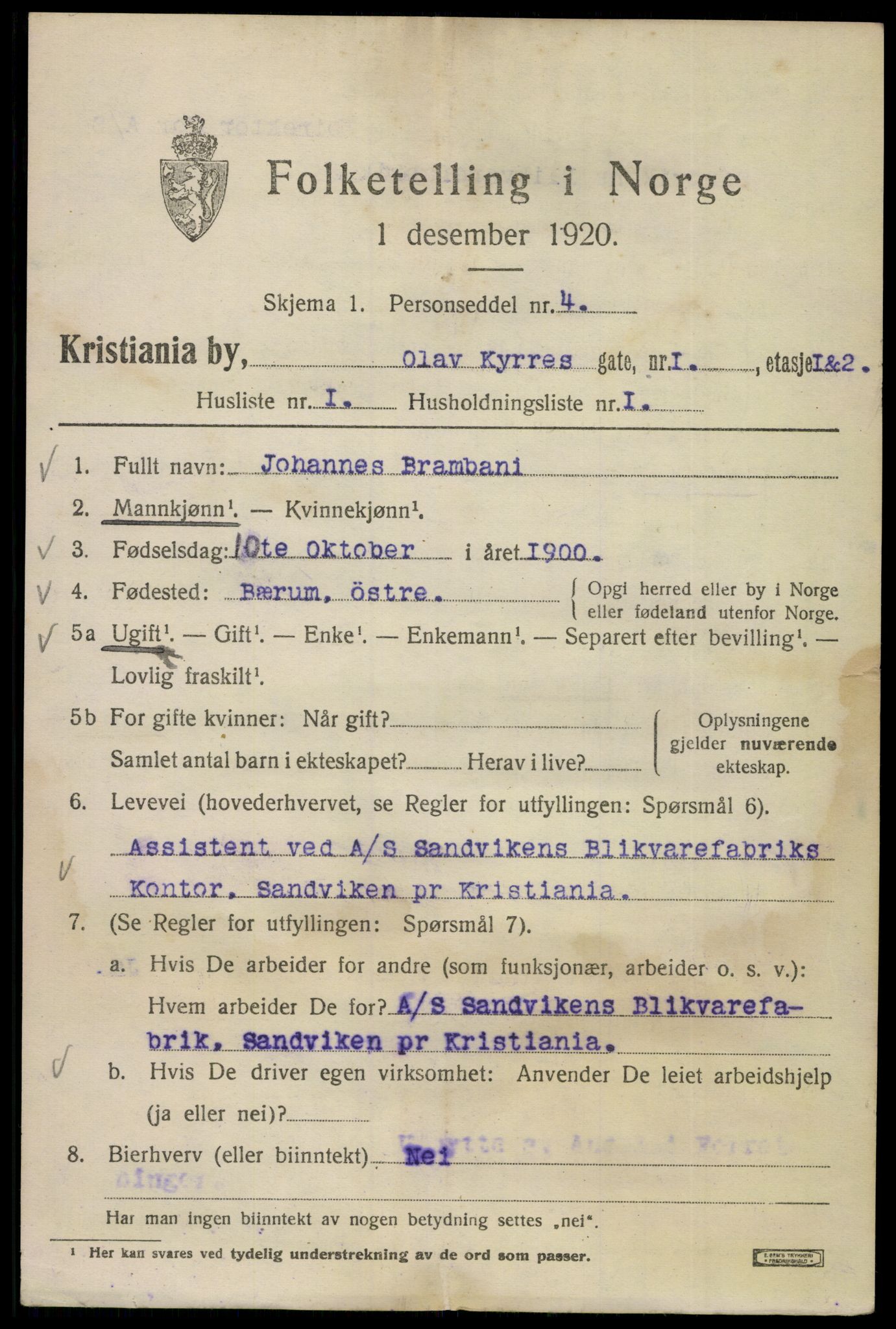 SAO, 1920 census for Kristiania, 1920, p. 432677