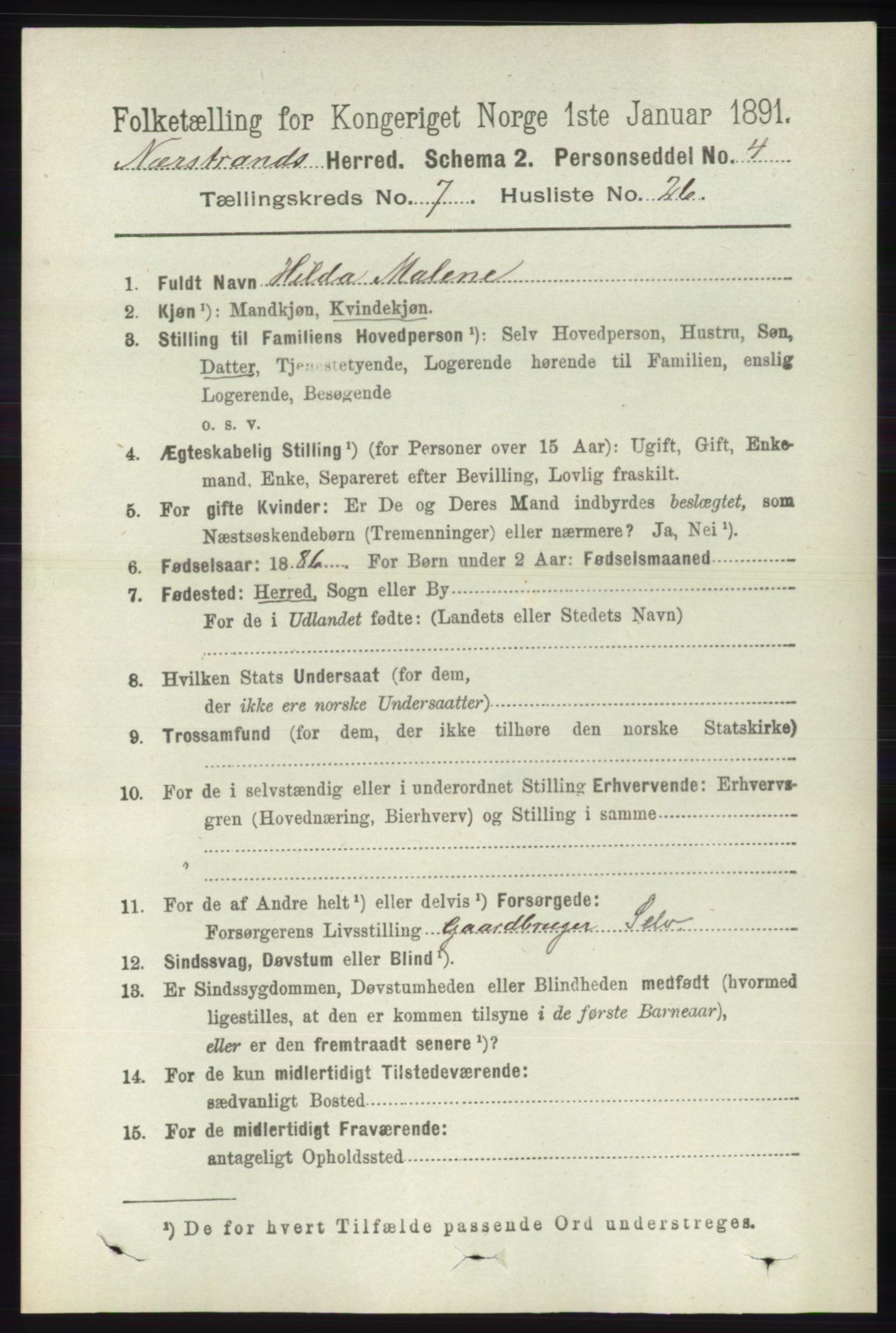 RA, 1891 census for 1139 Nedstrand, 1891, p. 1308