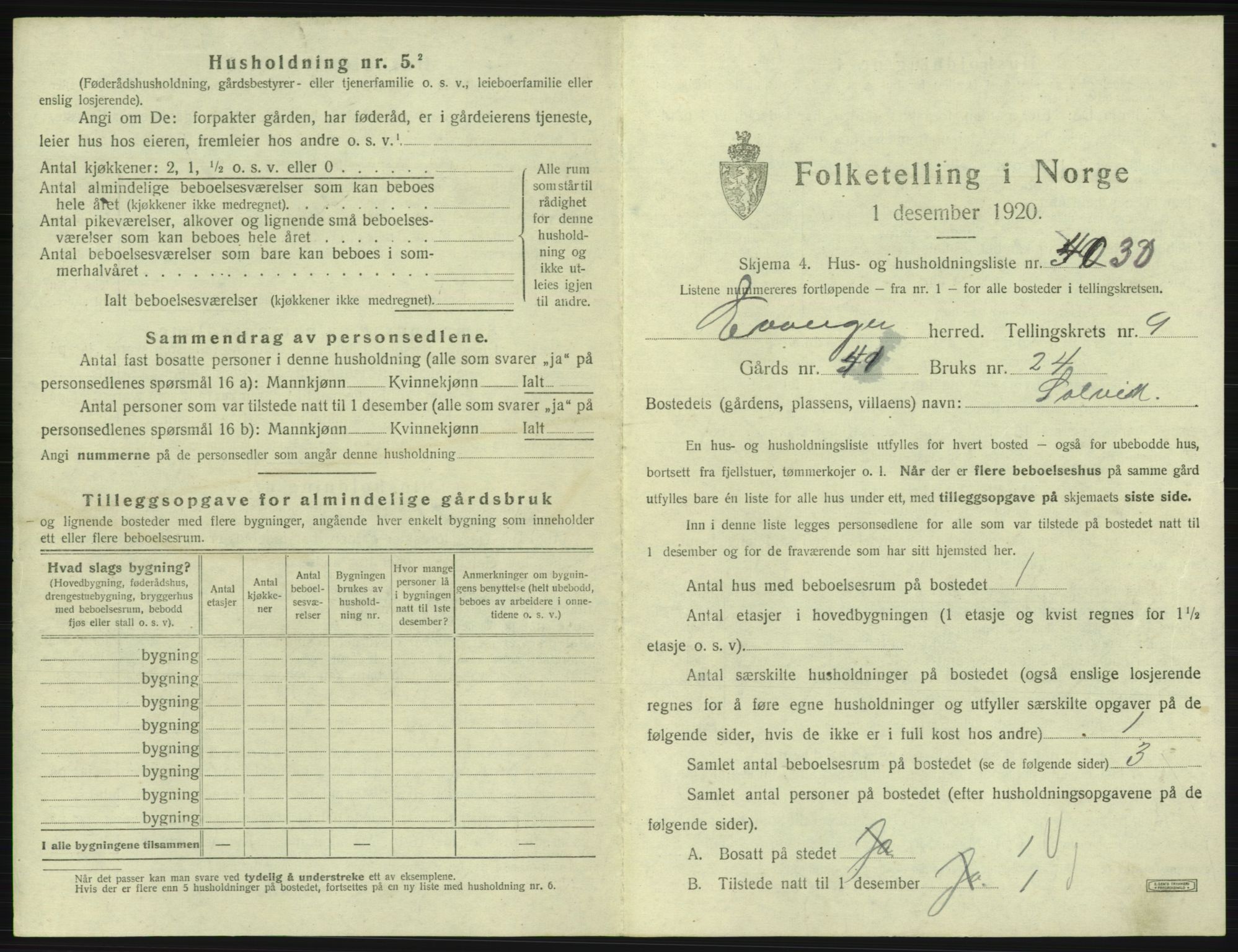 SAB, 1920 census for Evanger, 1920, p. 451