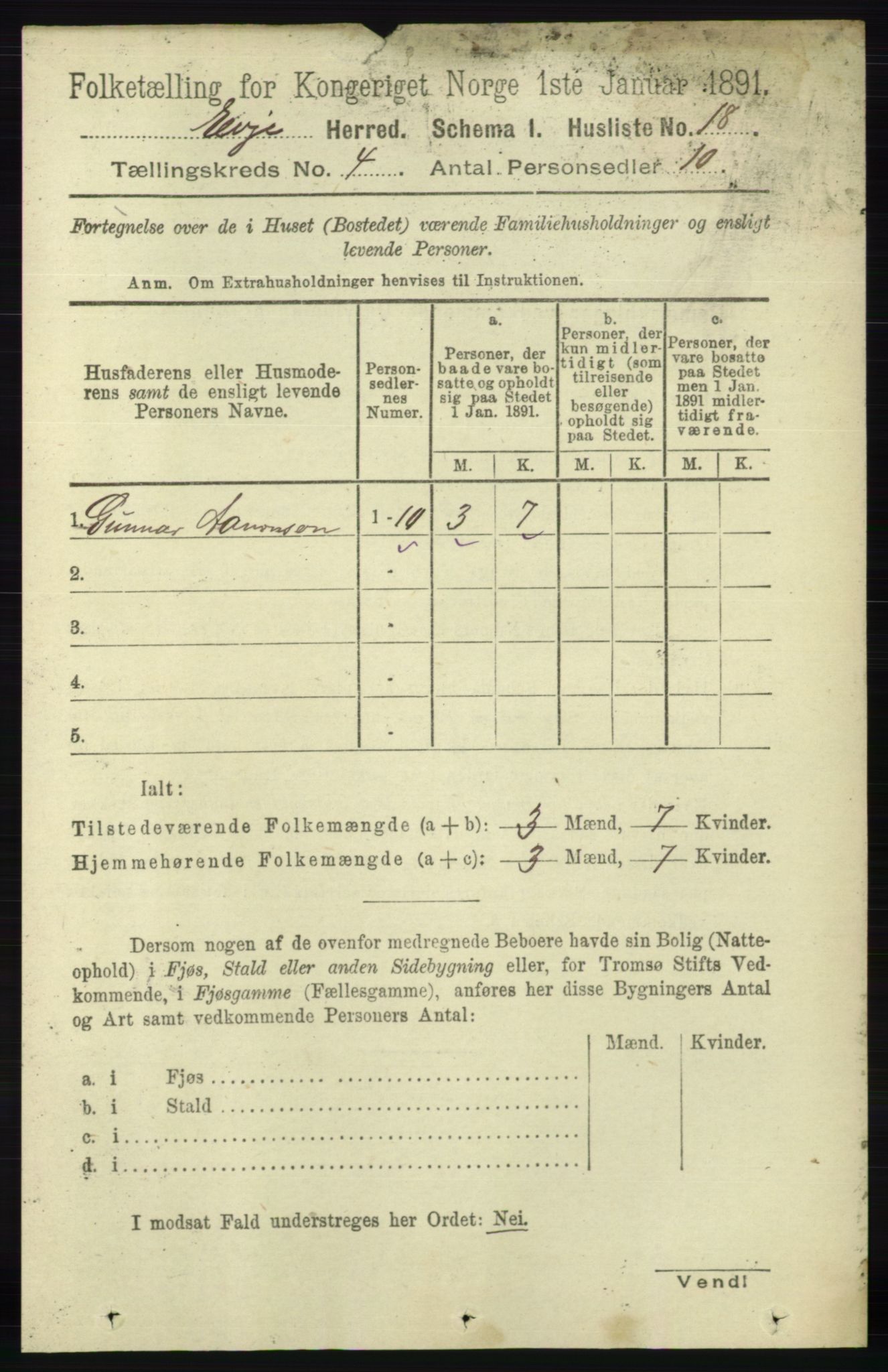 RA, 1891 census for 0937 Evje, 1891, p. 942