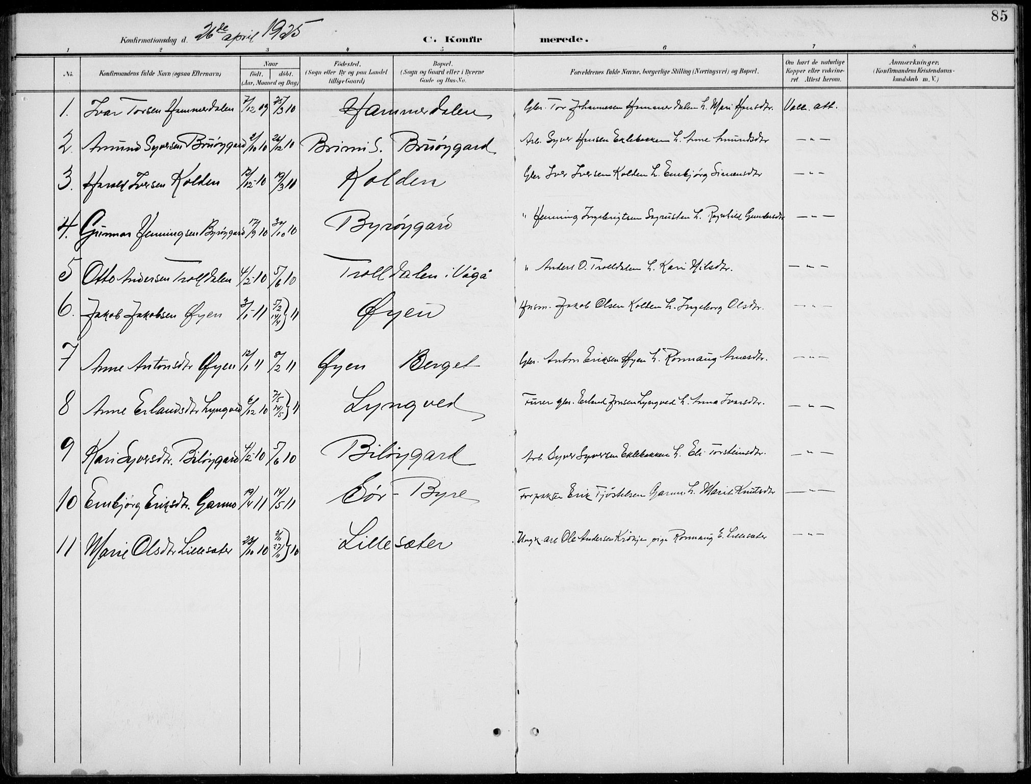 Lom prestekontor, AV/SAH-PREST-070/L/L0006: Parish register (copy) no. 6, 1901-1939, p. 85