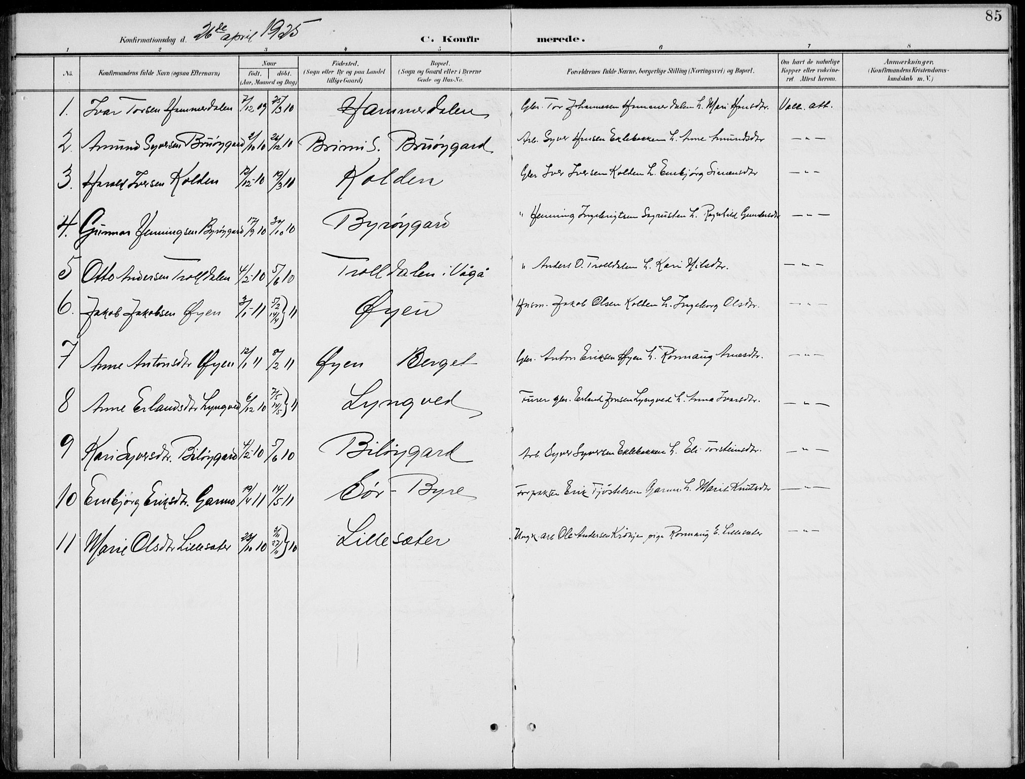 Lom prestekontor, SAH/PREST-070/L/L0006: Parish register (copy) no. 6, 1901-1939, p. 85