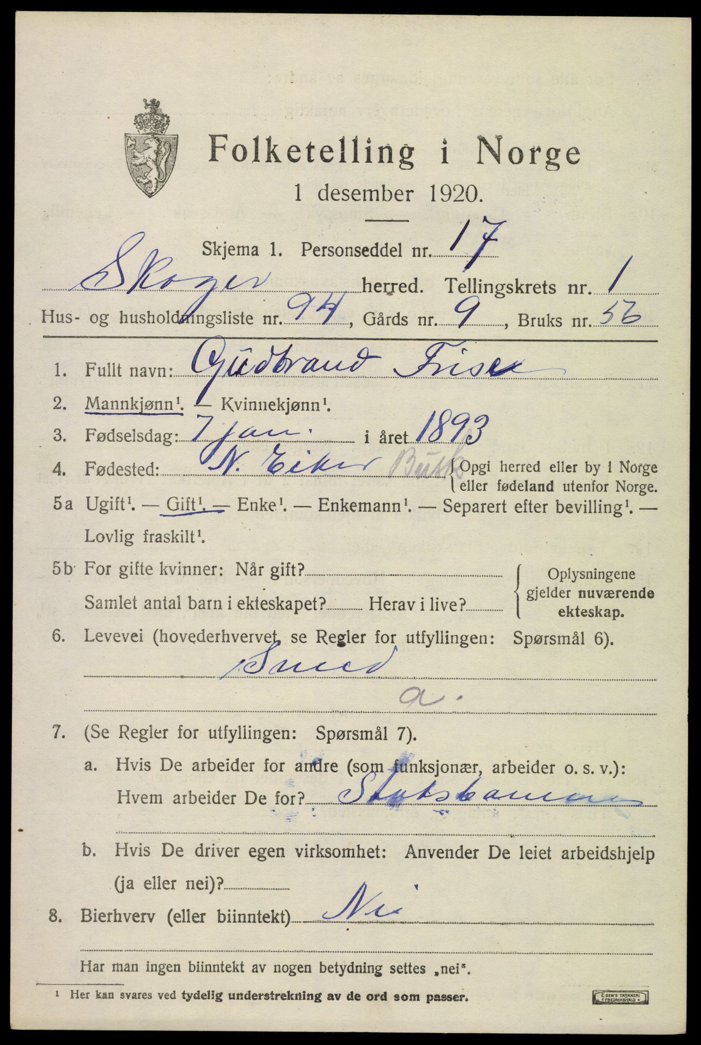 SAKO, 1920 census for Skoger, 1920, p. 4197