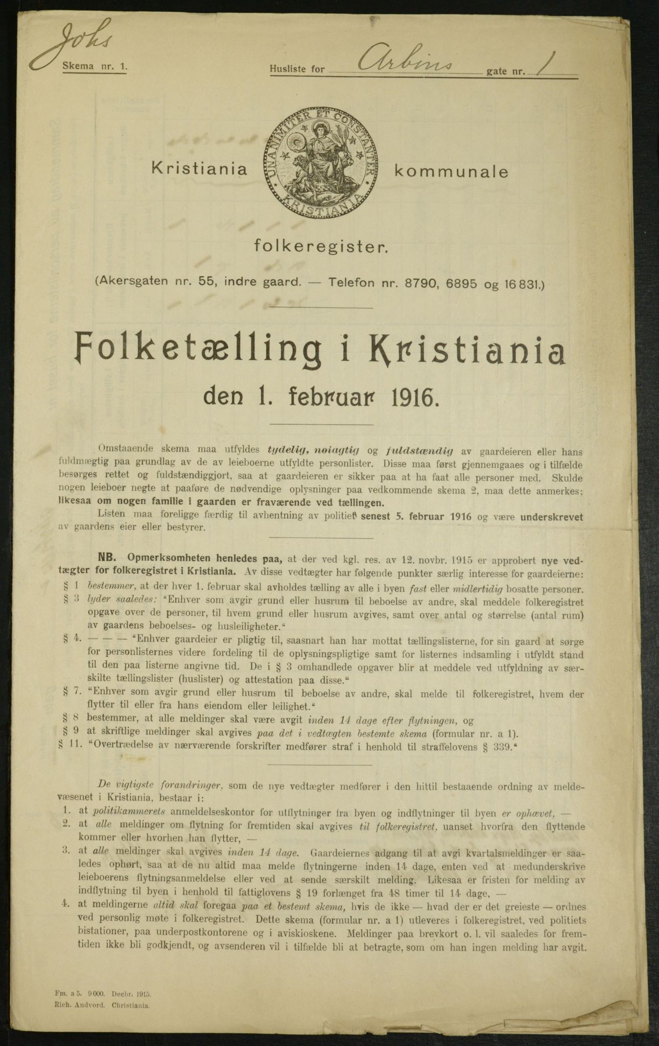 OBA, Municipal Census 1916 for Kristiania, 1916, p. 1470