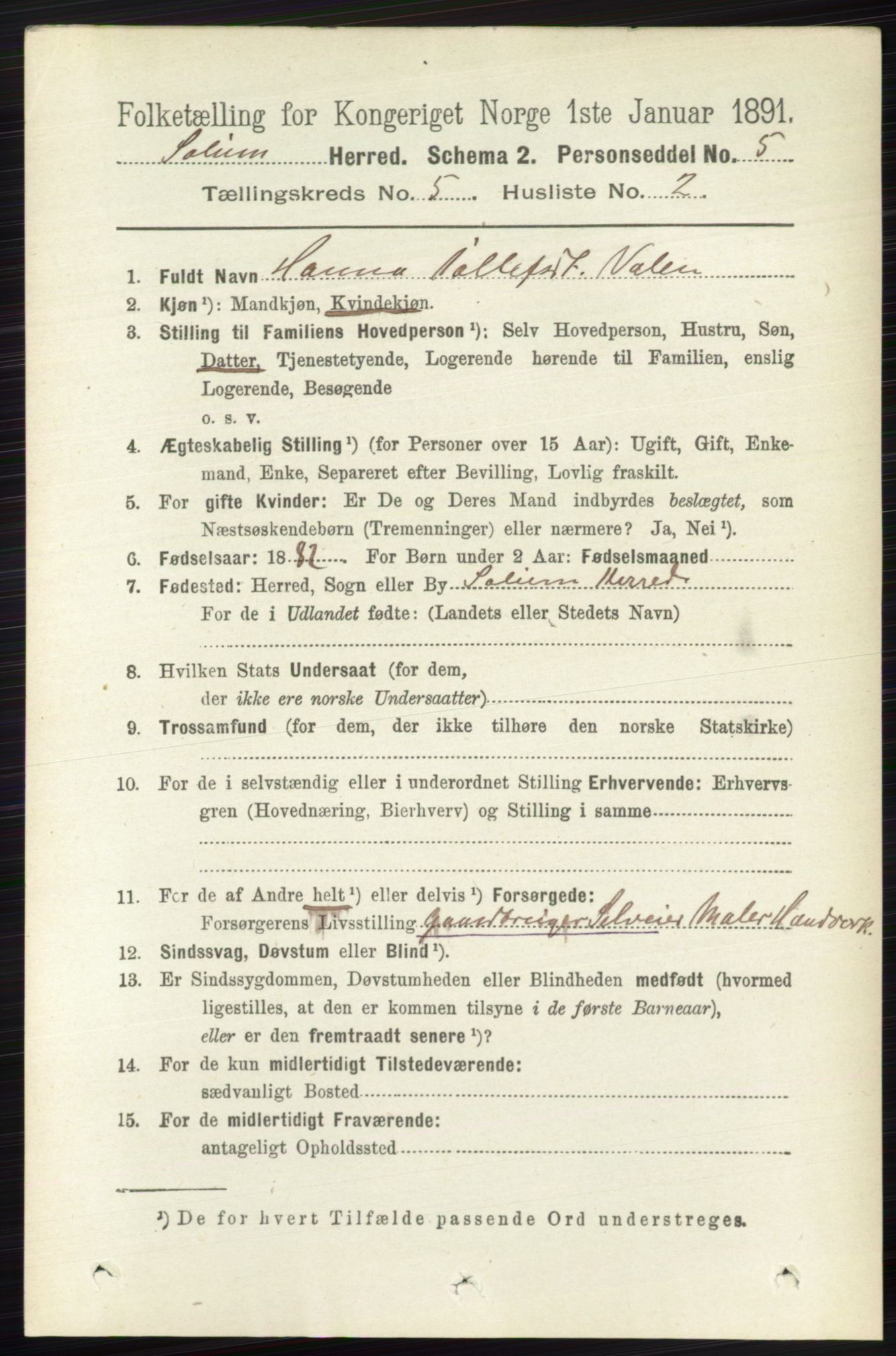 RA, 1891 census for 0818 Solum, 1891, p. 843