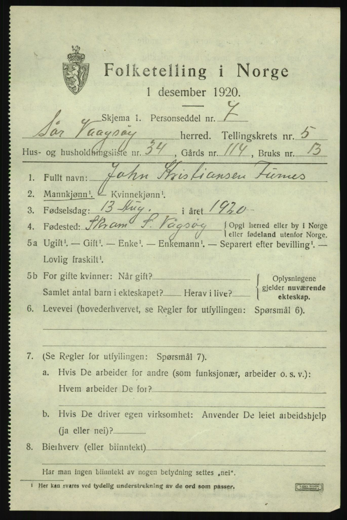 SAB, 1920 census for Sør-Vågsøy, 1920, p. 3284