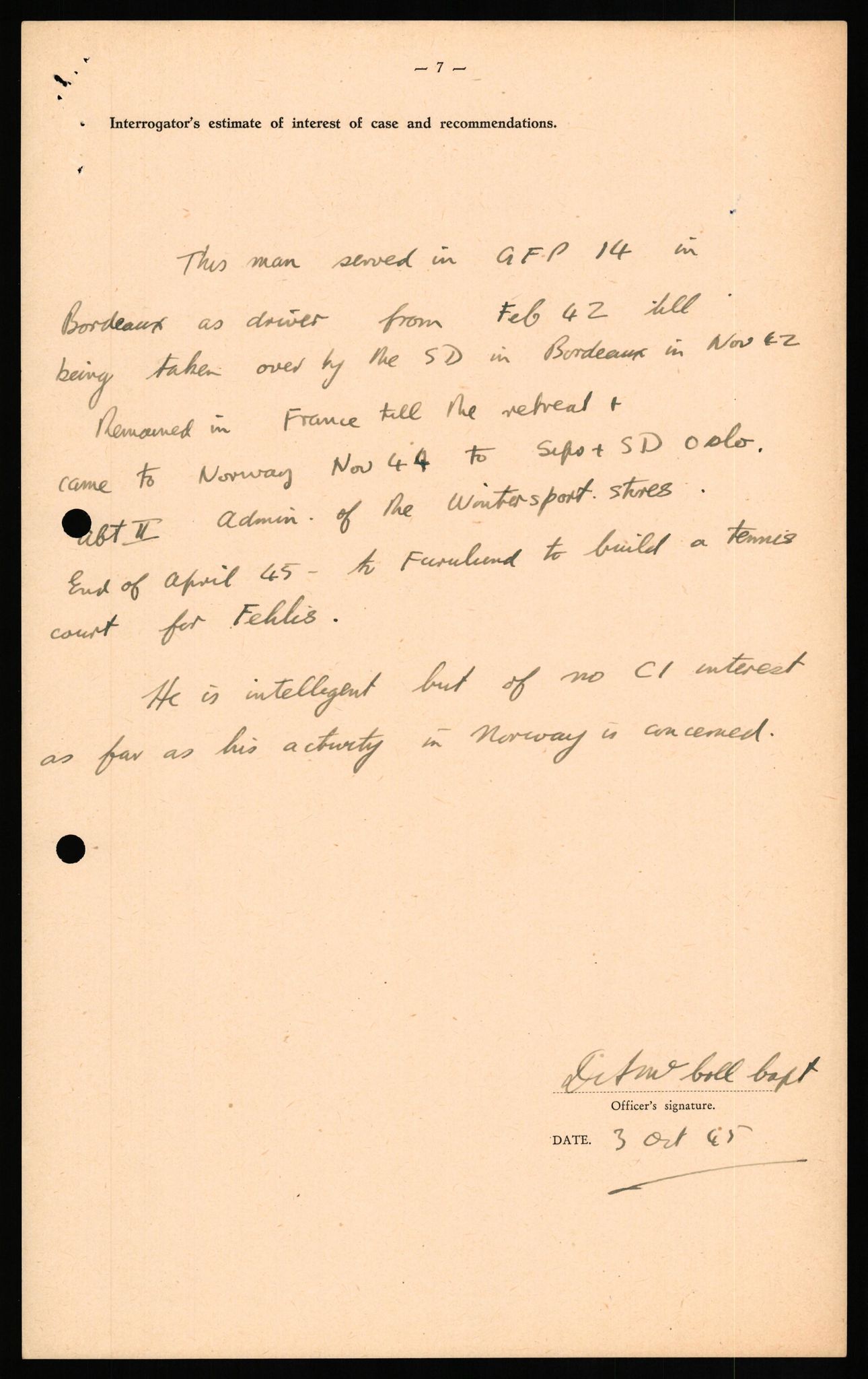 Forsvaret, Forsvarets overkommando II, RA/RAFA-3915/D/Db/L0022: CI Questionaires. Tyske okkupasjonsstyrker i Norge. Tyskere., 1945-1946, p. 89