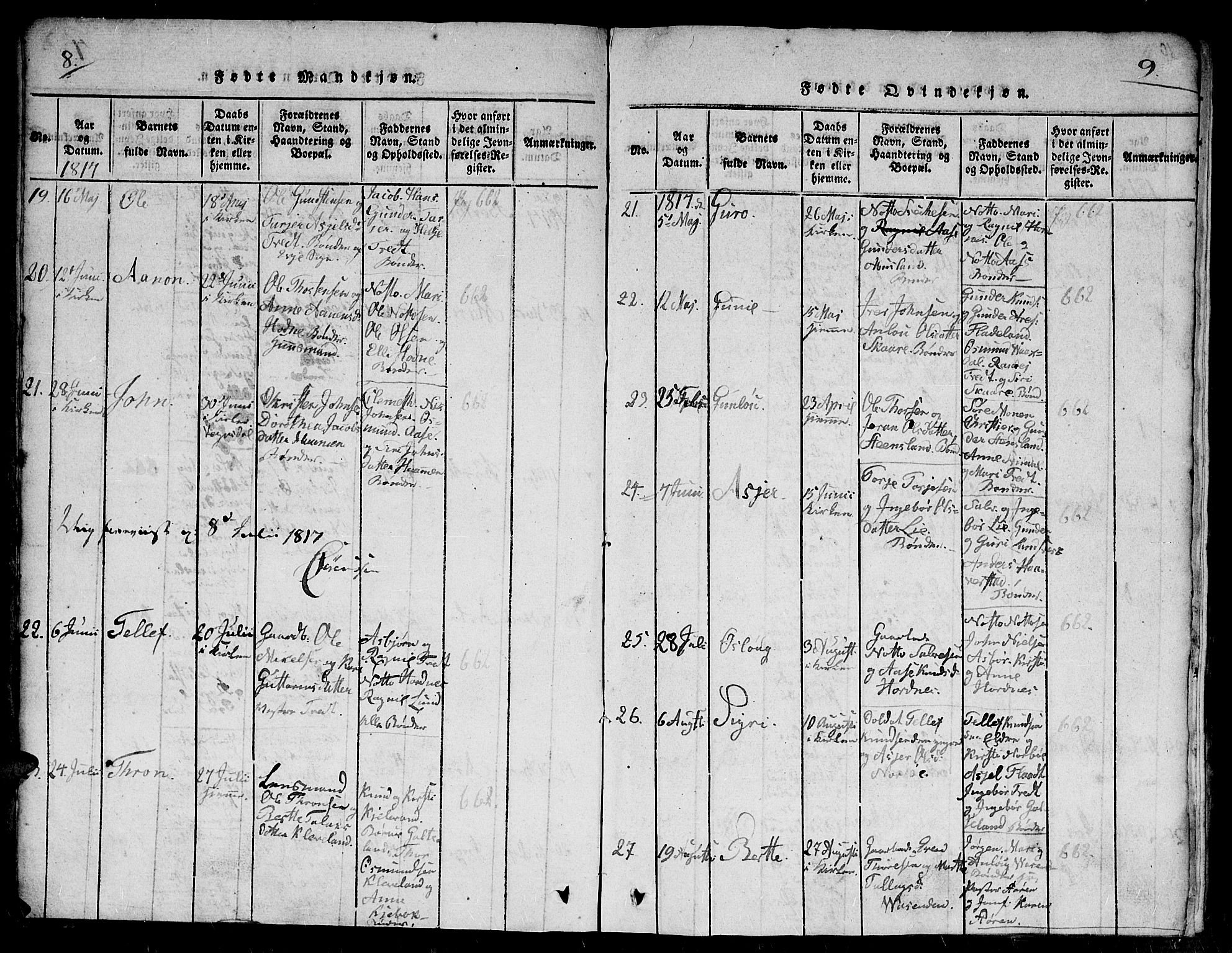 Evje sokneprestkontor, AV/SAK-1111-0008/F/Fb/Fba/L0001: Parish register (copy) no. B 1, 1816-1842, p. 8-9