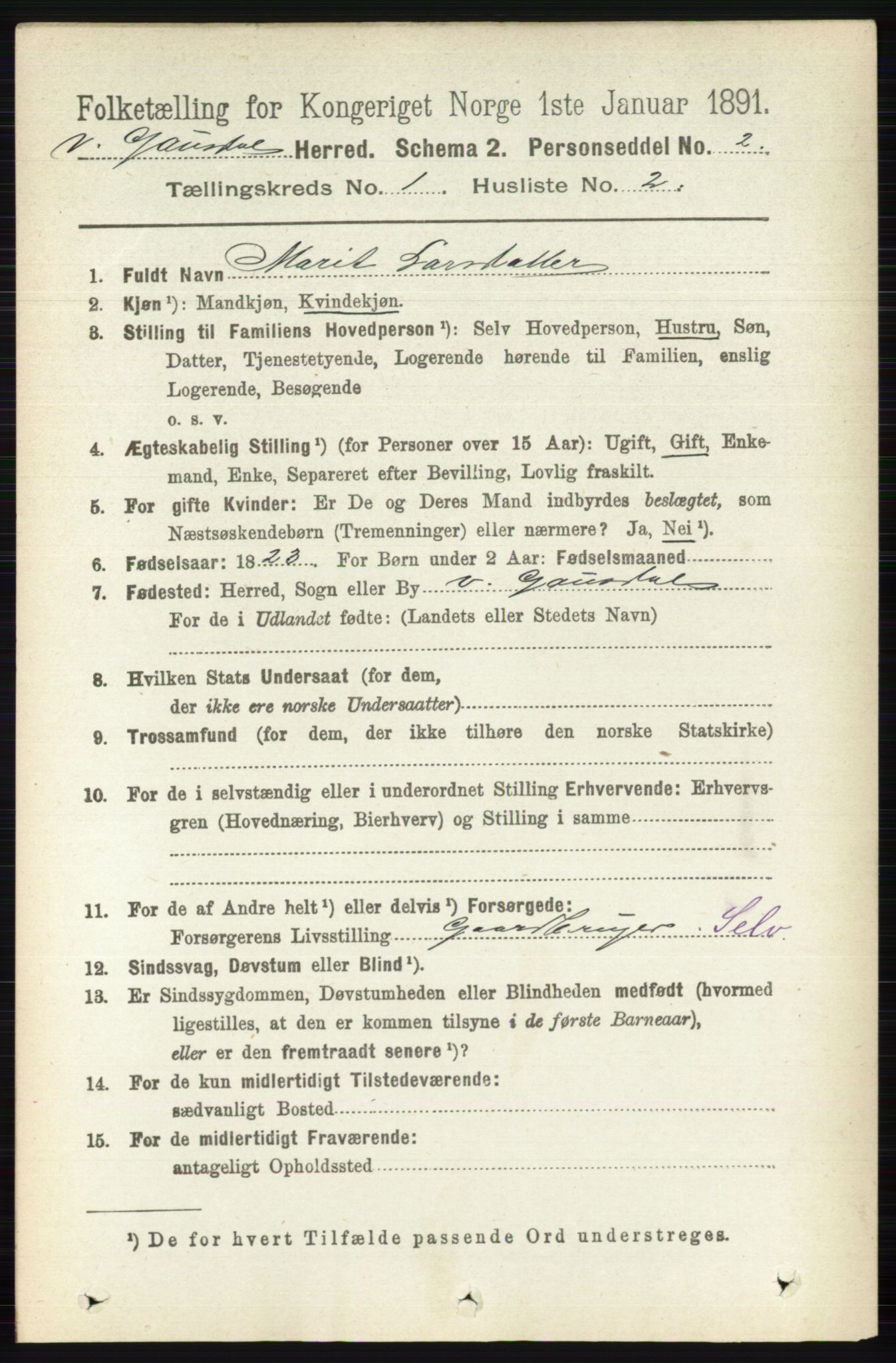 RA, 1891 census for 0523 Vestre Gausdal, 1891, p. 91