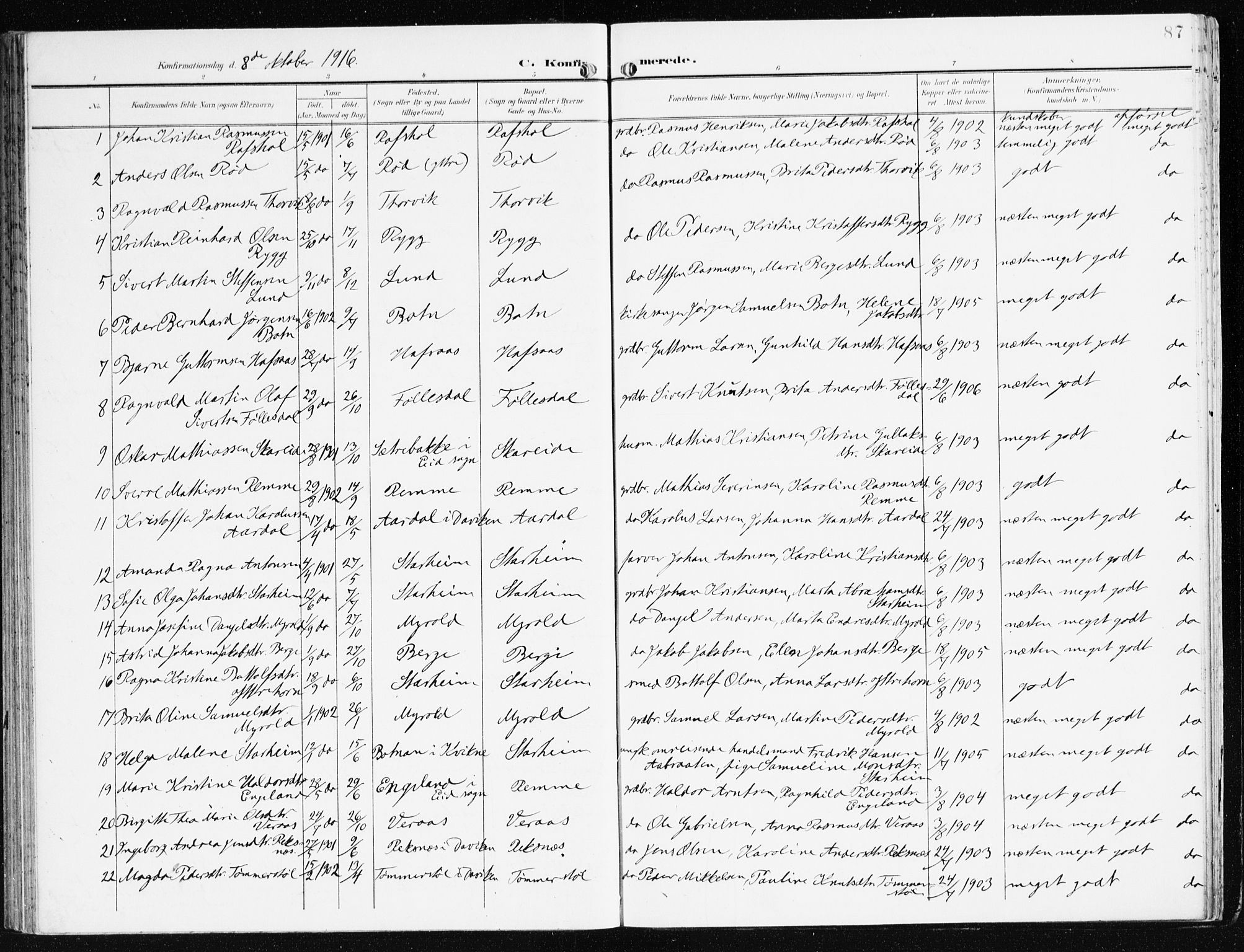 Eid sokneprestembete, SAB/A-82301/H/Haa/Haac/L0002: Parish register (official) no. C 2, 1899-1927, p. 87
