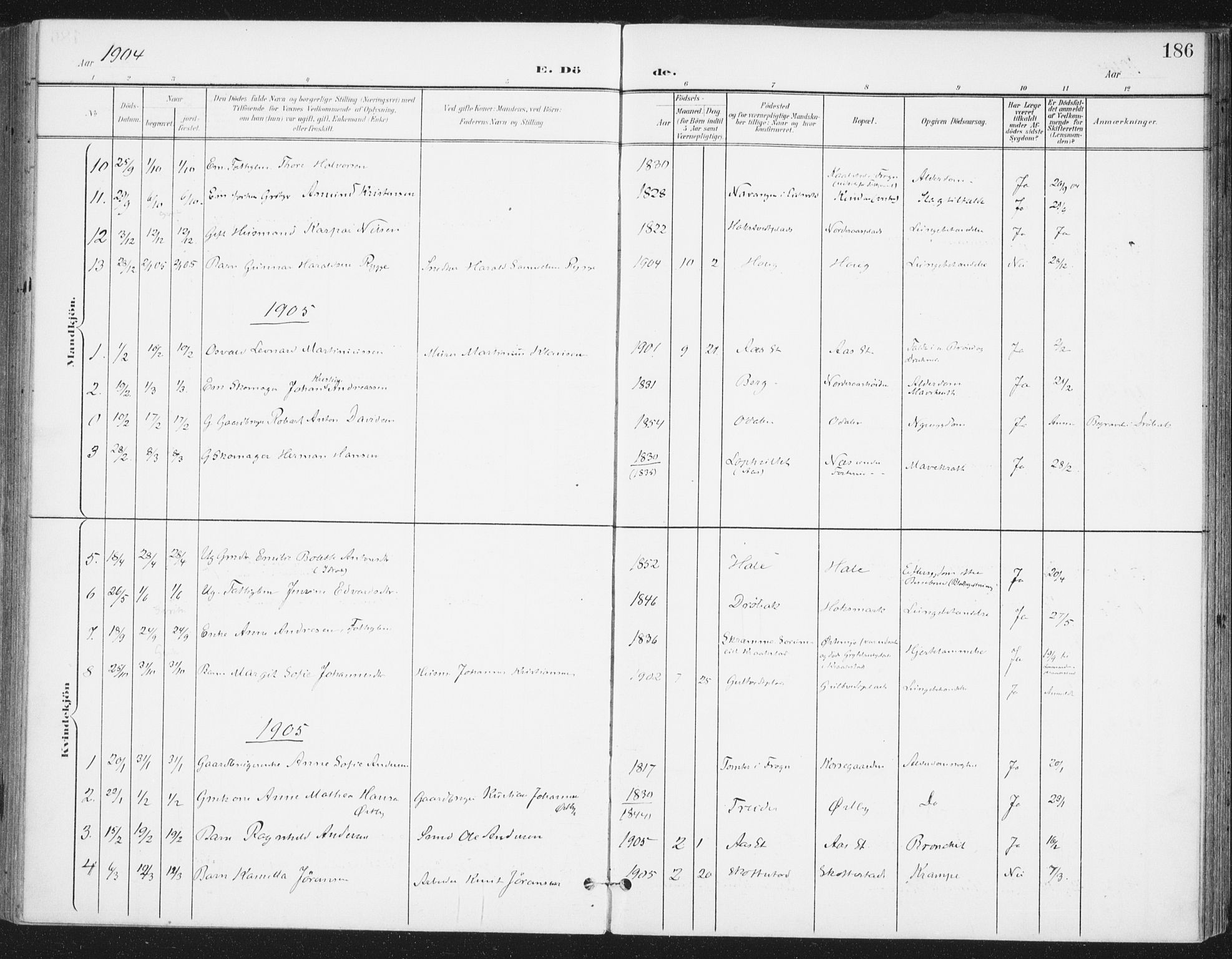 Ås prestekontor Kirkebøker, SAO/A-10894/F/Fa/L0010: Parish register (official) no. I 10, 1900-1918, p. 186