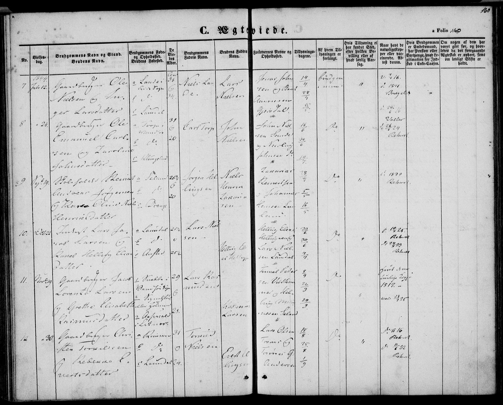 Herad sokneprestkontor, SAK/1111-0018/F/Fa/Faa/L0004: Parish register (official) no. A 4, 1844-1853, p. 160