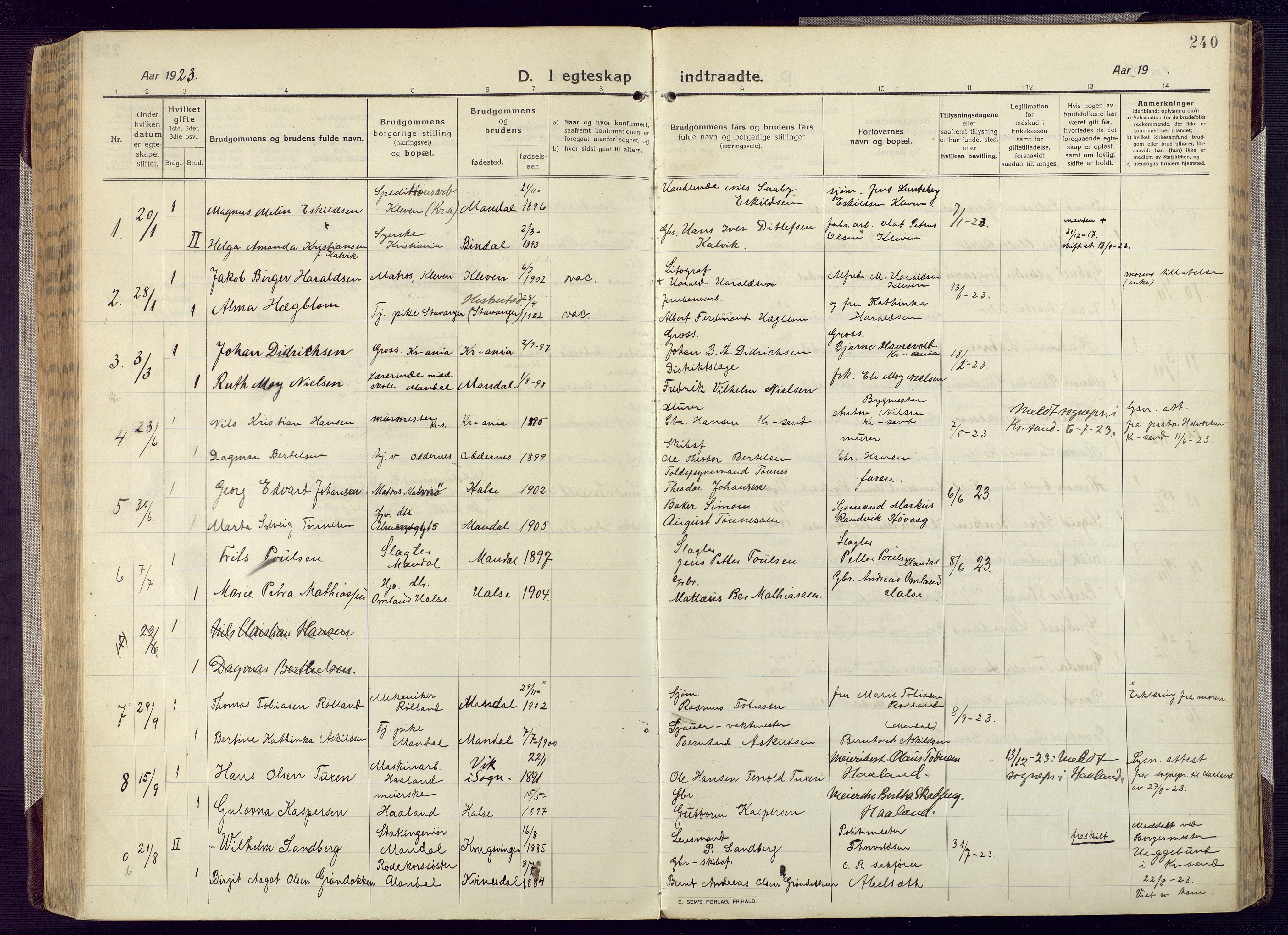 Mandal sokneprestkontor, SAK/1111-0030/F/Fa/Fac/L0001: Parish register (official) no. A 1, 1913-1925, p. 240