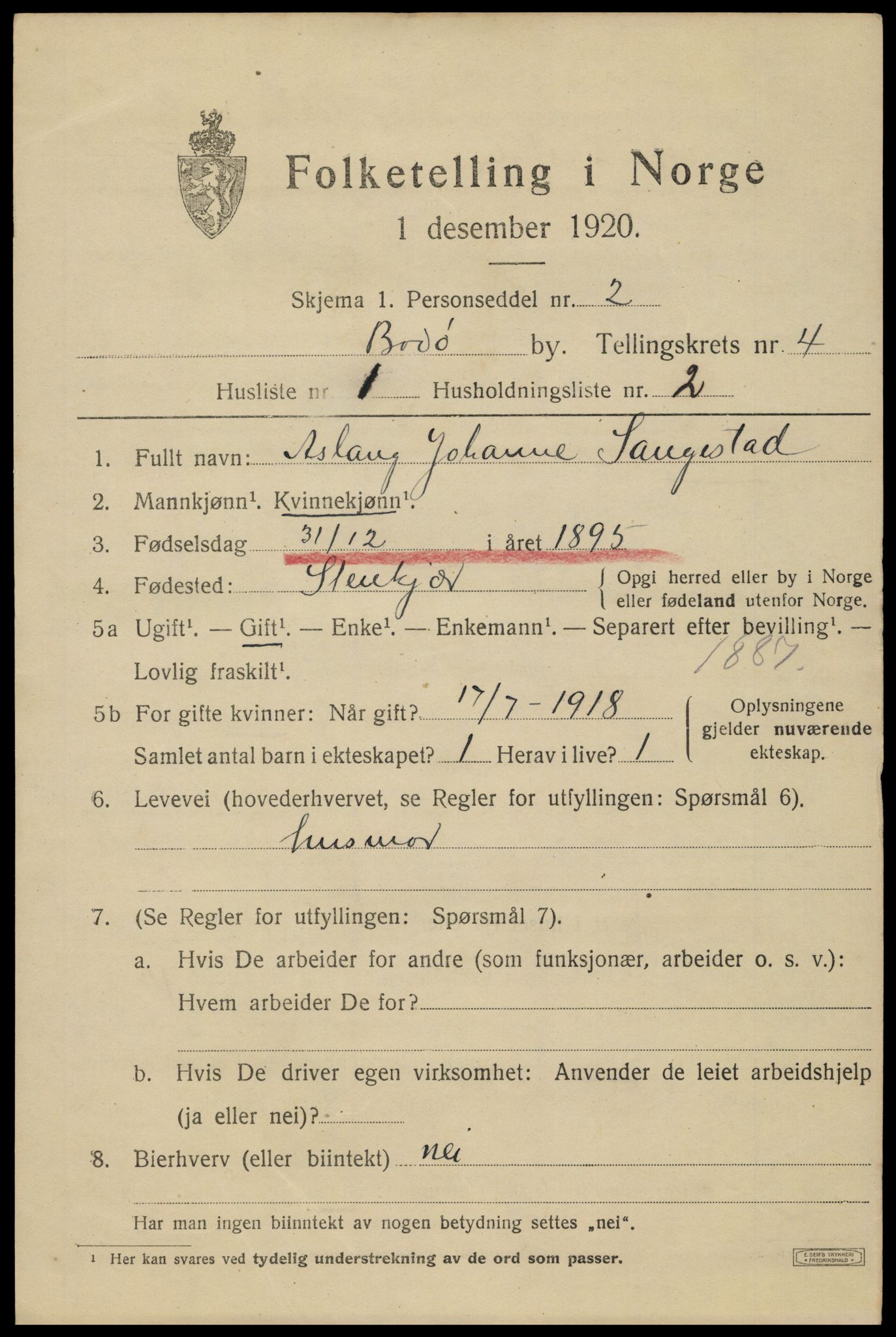 SAT, 1920 census for Bodø, 1920, p. 7001