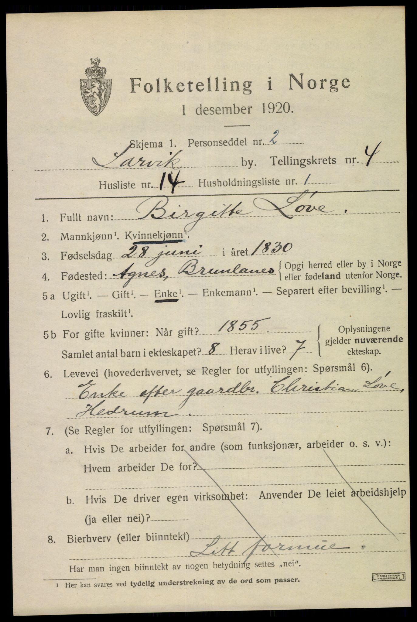 SAKO, 1920 census for Larvik, 1920, p. 13658