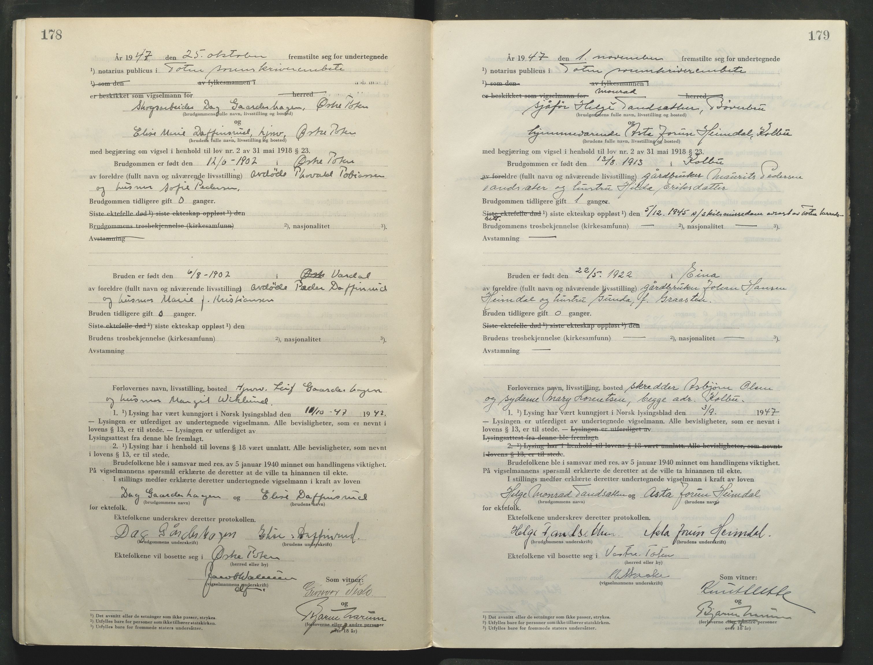 Toten tingrett, AV/SAH-TING-006/L/Lc/L0005: Vigselbok, 1944-1948, p. 178-179