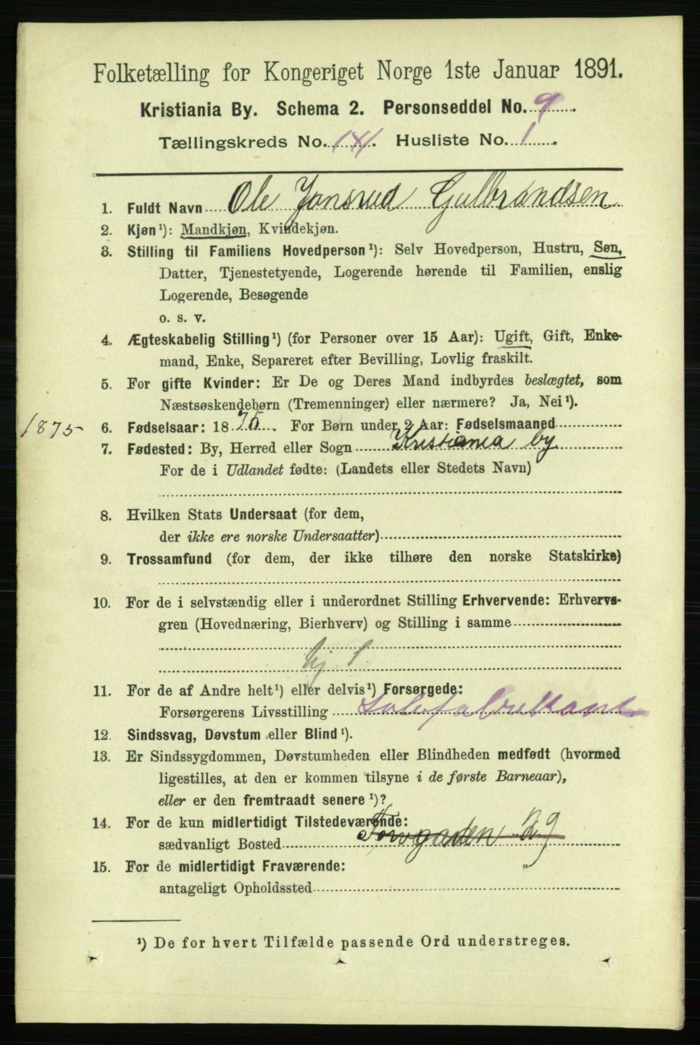 RA, 1891 census for 0301 Kristiania, 1891, p. 77976