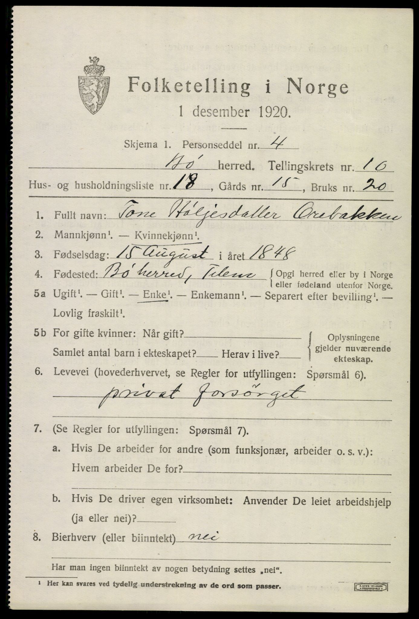 SAKO, 1920 census for Bø (Telemark), 1920, p. 6686