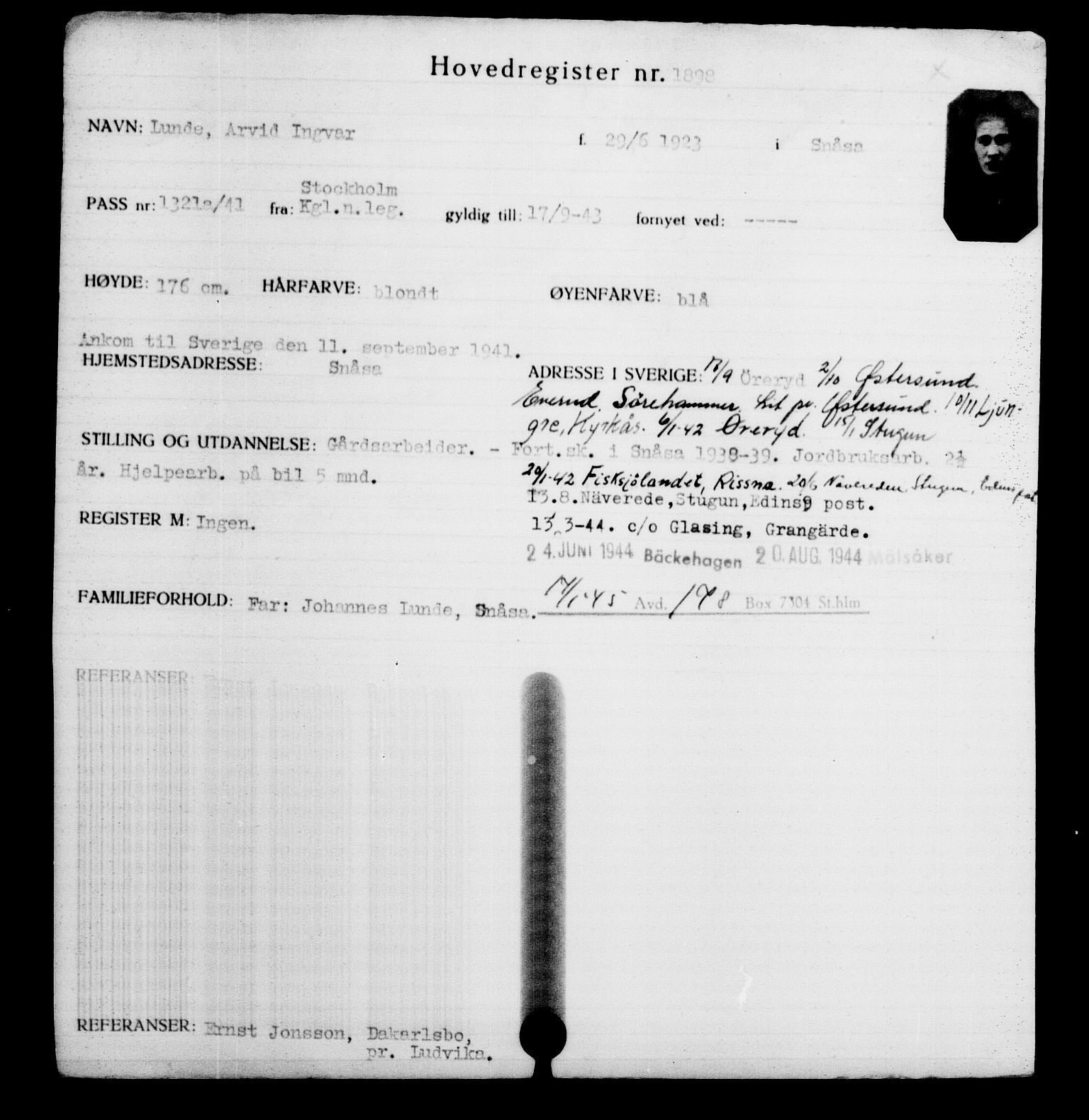 Den Kgl. Norske Legasjons Flyktningskontor, AV/RA-S-6753/V/Va/L0002: Kjesäterkartoteket.  Flyktningenr. 1001-2000, 1940-1945, p. 1278