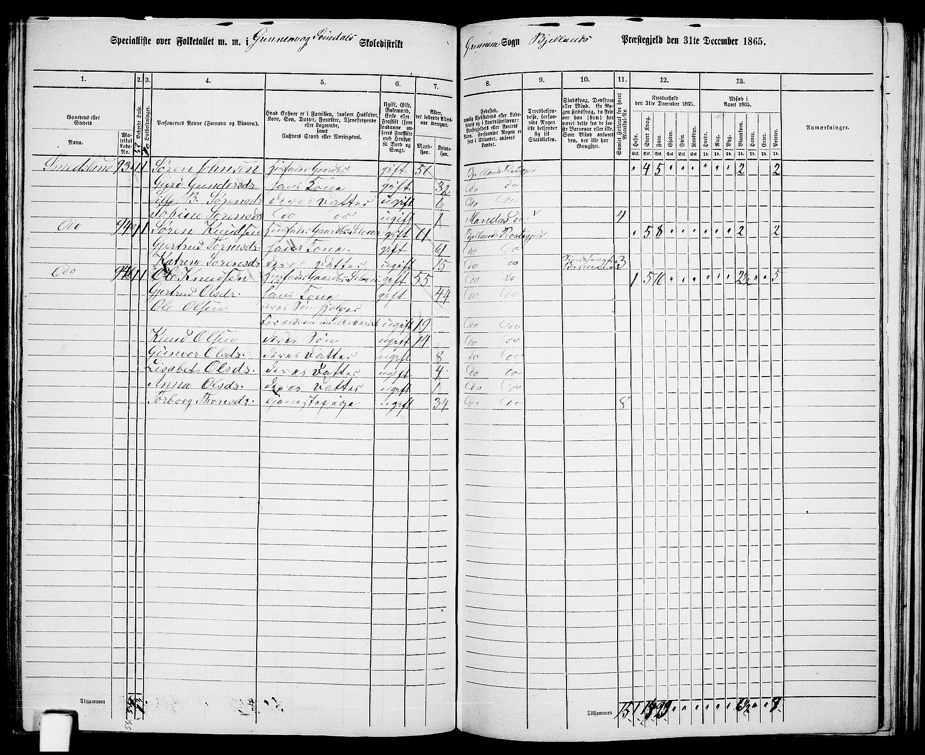 RA, 1865 census for Bjelland, 1865, p. 71