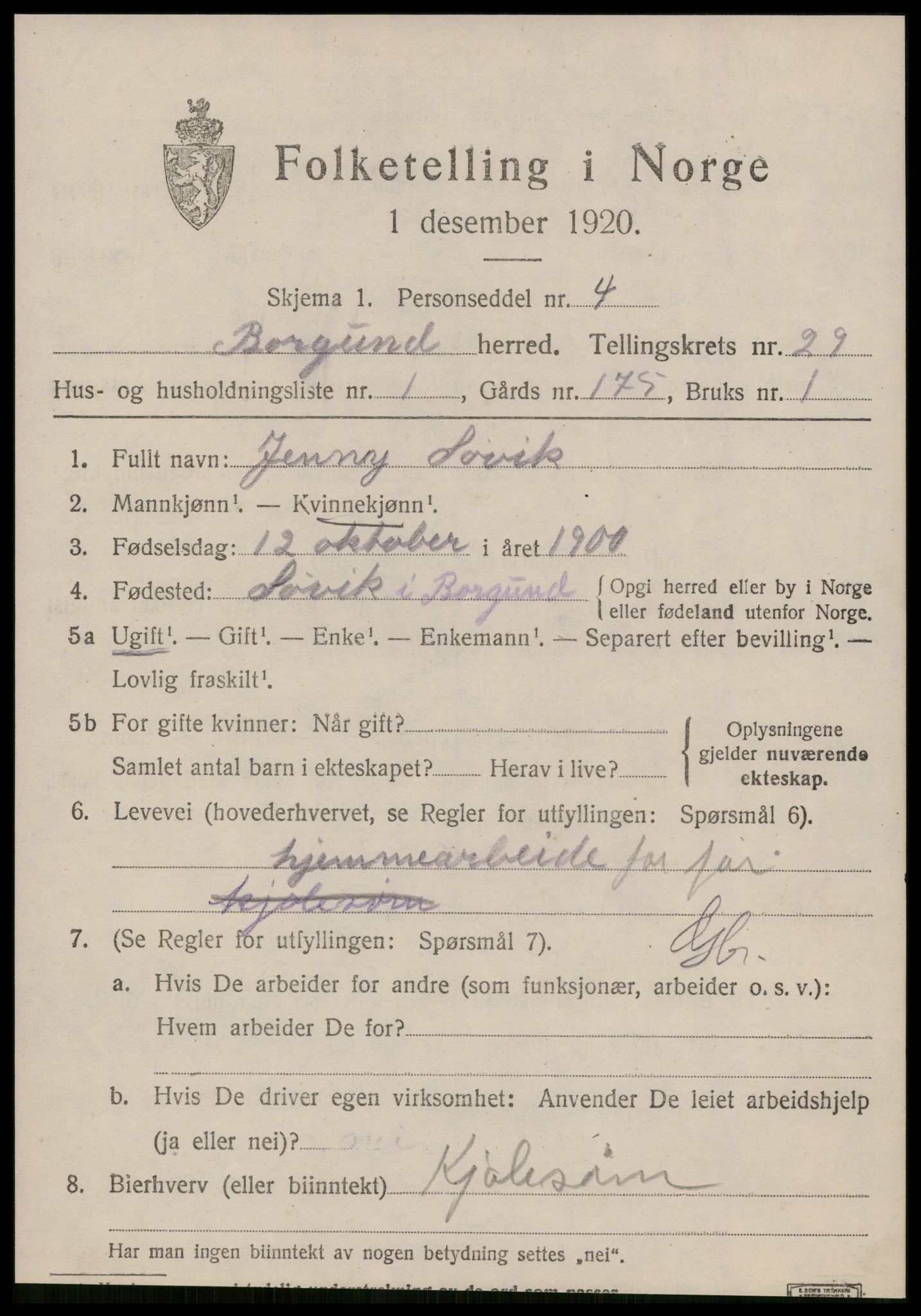 SAT, 1920 census for Borgund, 1920, p. 18638