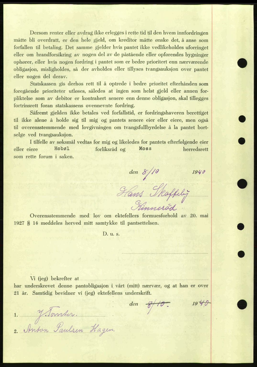 Moss sorenskriveri, SAO/A-10168: Mortgage book no. B10, 1940-1941, Diary no: : 1306/1940