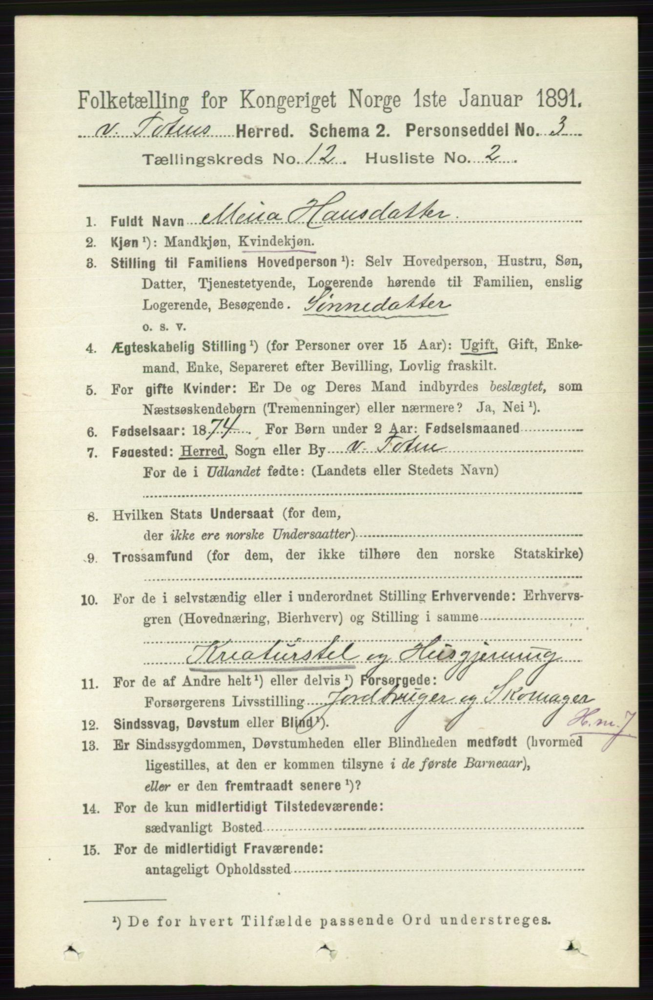 RA, 1891 census for 0529 Vestre Toten, 1891, p. 7285