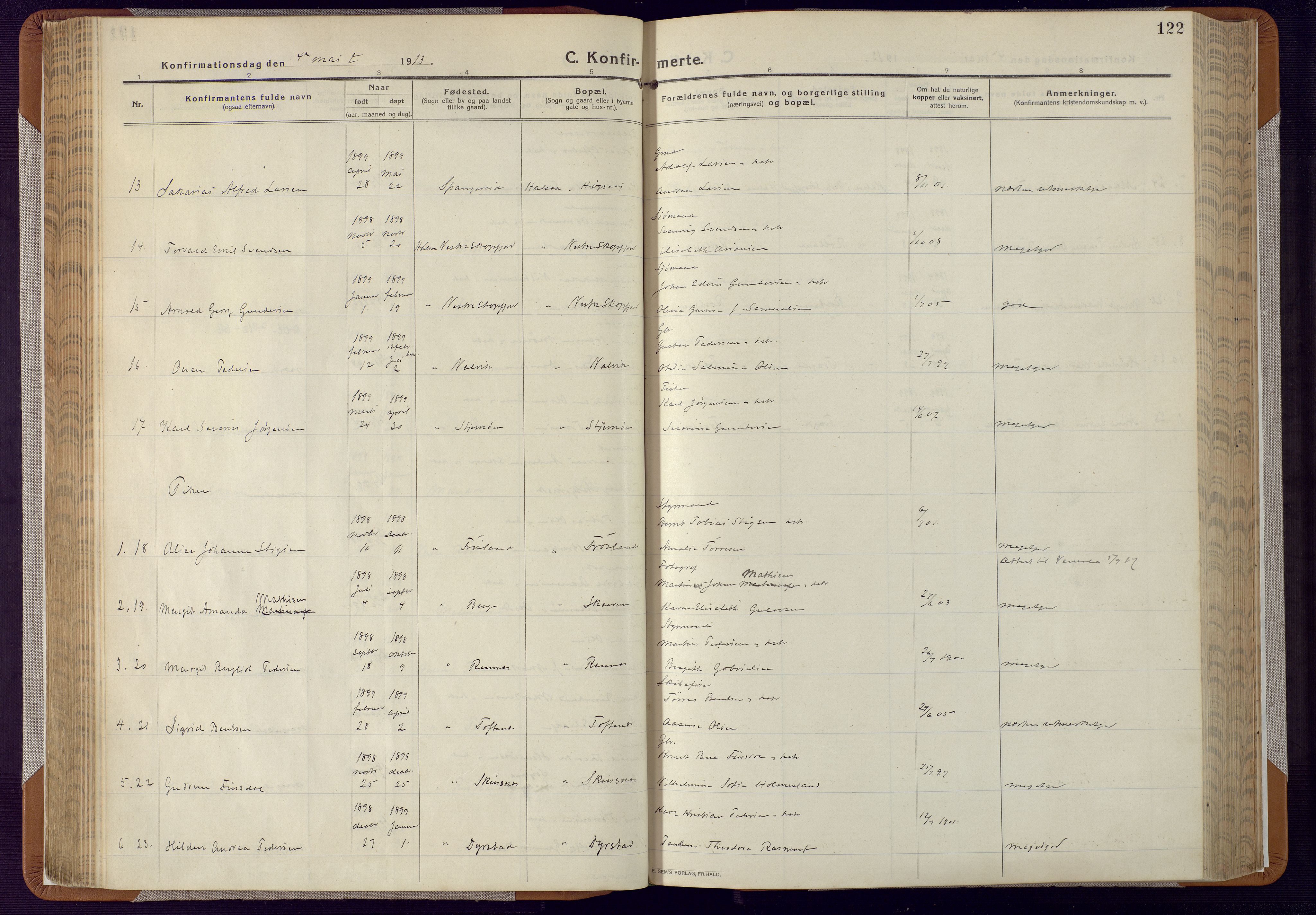 Mandal sokneprestkontor, AV/SAK-1111-0030/F/Fa/Faa/L0022: Parish register (official) no. A 22, 1913-1925, p. 122