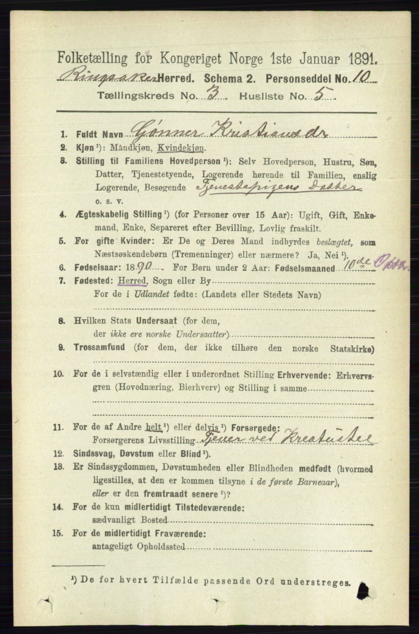 RA, 1891 census for 0412 Ringsaker, 1891, p. 1273
