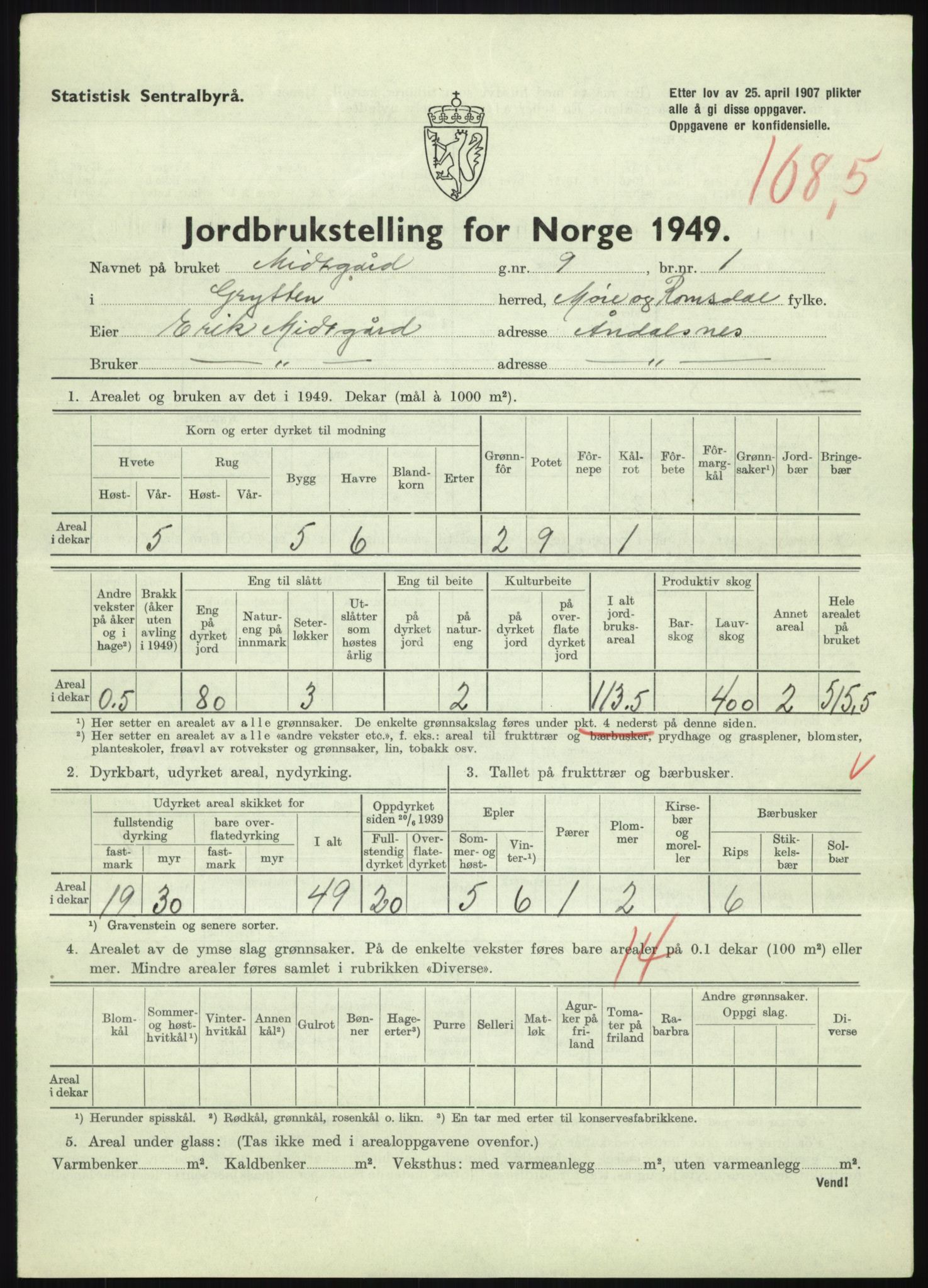 Statistisk sentralbyrå, Næringsøkonomiske emner, Jordbruk, skogbruk, jakt, fiske og fangst, AV/RA-S-2234/G/Gc/L0323: Møre og Romsdal: Grytten og Hen, 1949, p. 365