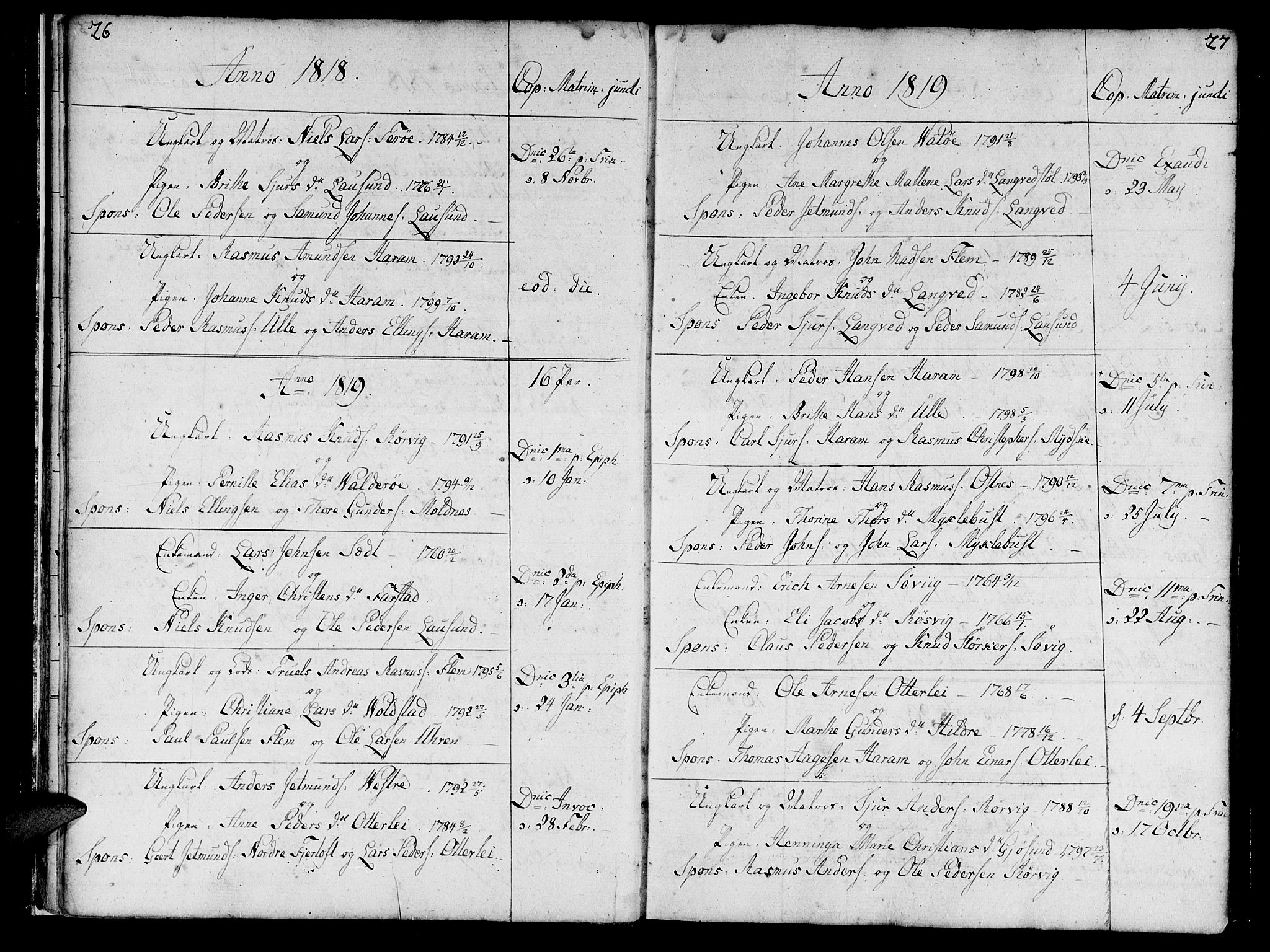 Ministerialprotokoller, klokkerbøker og fødselsregistre - Møre og Romsdal, SAT/A-1454/536/L0494: Parish register (official) no. 536A03, 1803-1836, p. 26-27