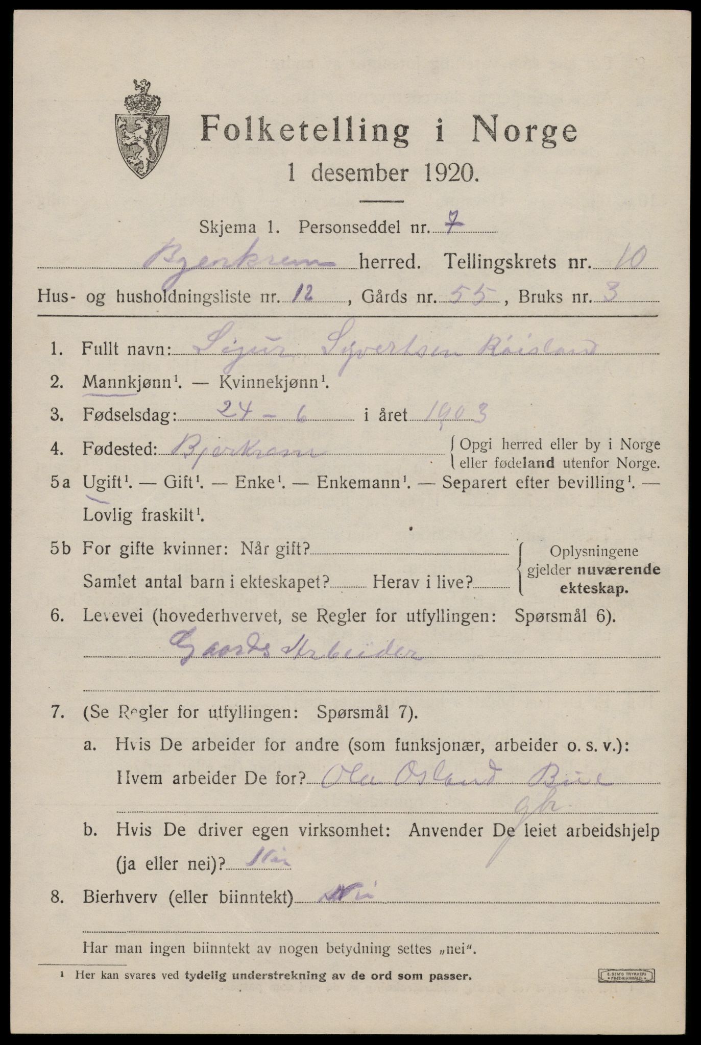 SAST, 1920 census for Bjerkreim, 1920, p. 3404