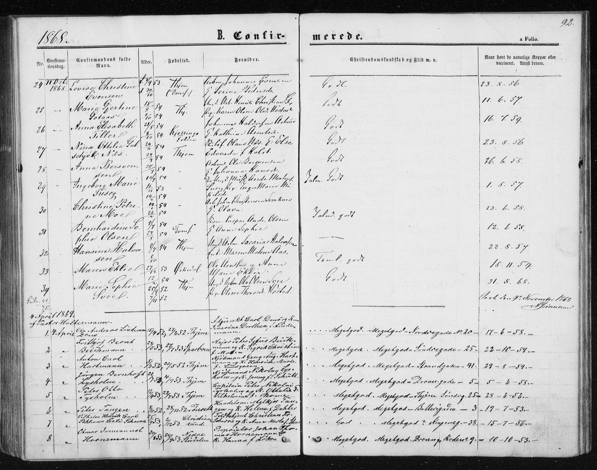 Ministerialprotokoller, klokkerbøker og fødselsregistre - Sør-Trøndelag, SAT/A-1456/602/L0114: Parish register (official) no. 602A12, 1856-1872, p. 92
