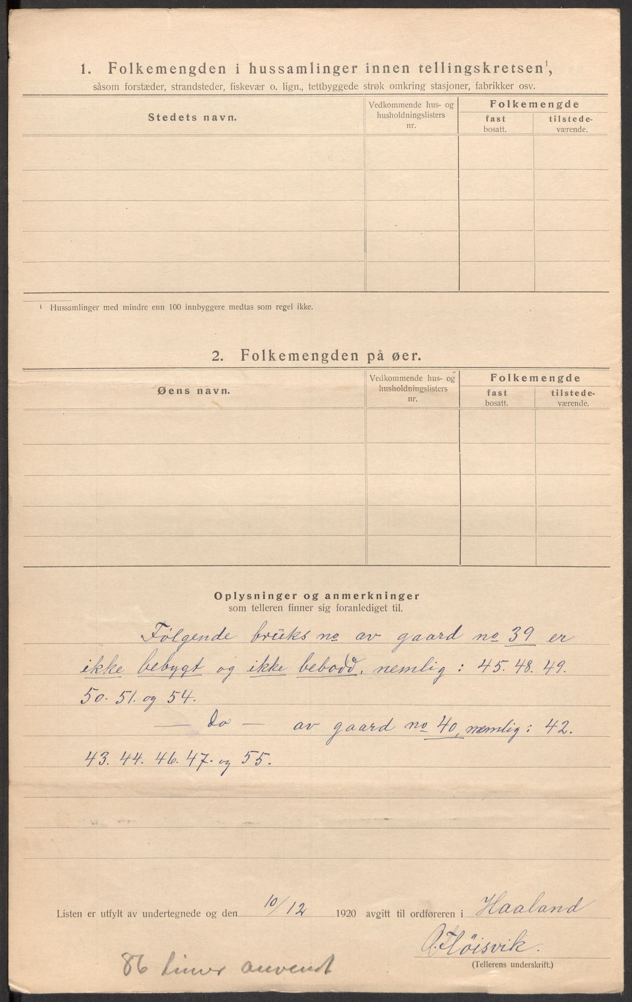 SAST, 1920 census for Håland, 1920, p. 47