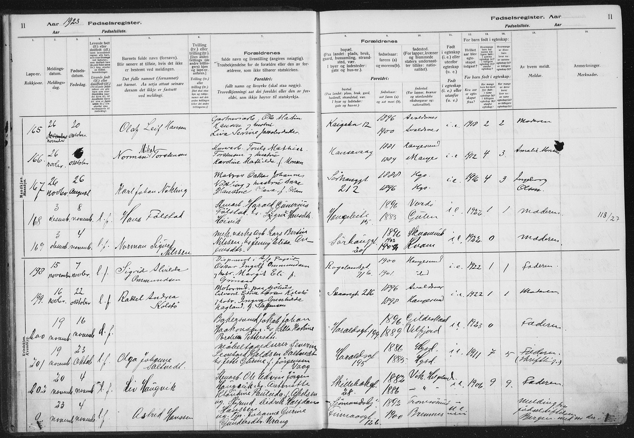 Haugesund sokneprestkontor, AV/SAST-A -101863/I/Id/L0005: Birth register no. 3, 1923-1929, p. 11