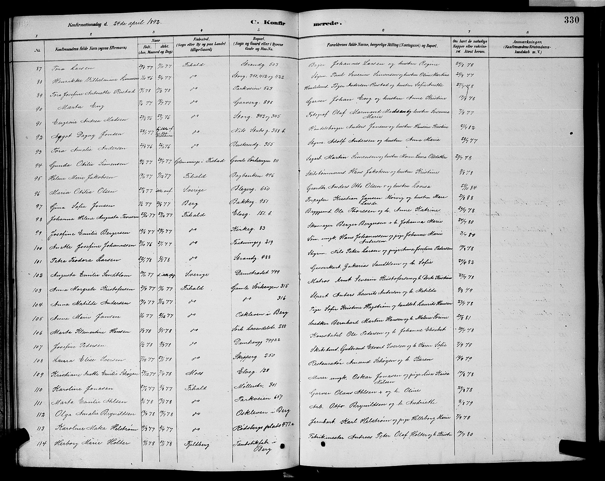 Halden prestekontor Kirkebøker, SAO/A-10909/G/Ga/L0008: Parish register (copy) no. 8, 1885-1899, p. 330