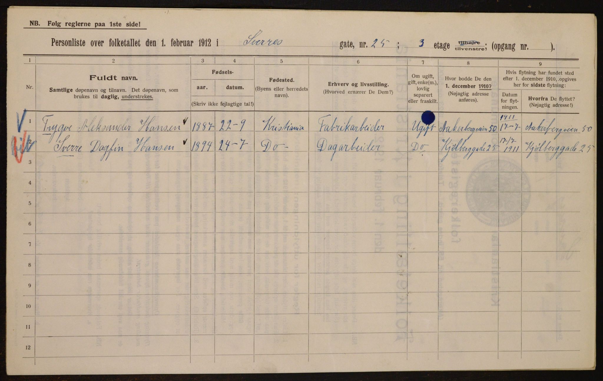 OBA, Municipal Census 1912 for Kristiania, 1912, p. 106114