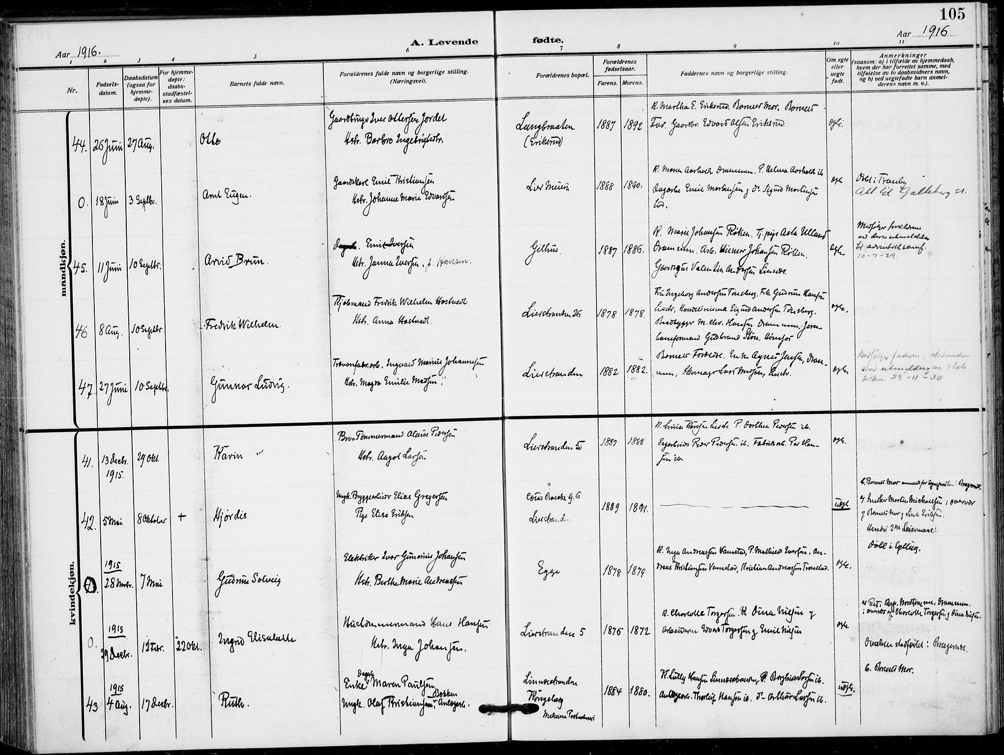 Lier kirkebøker, AV/SAKO-A-230/F/Fa/L0018: Parish register (official) no. I 18, 1909-1917, p. 105