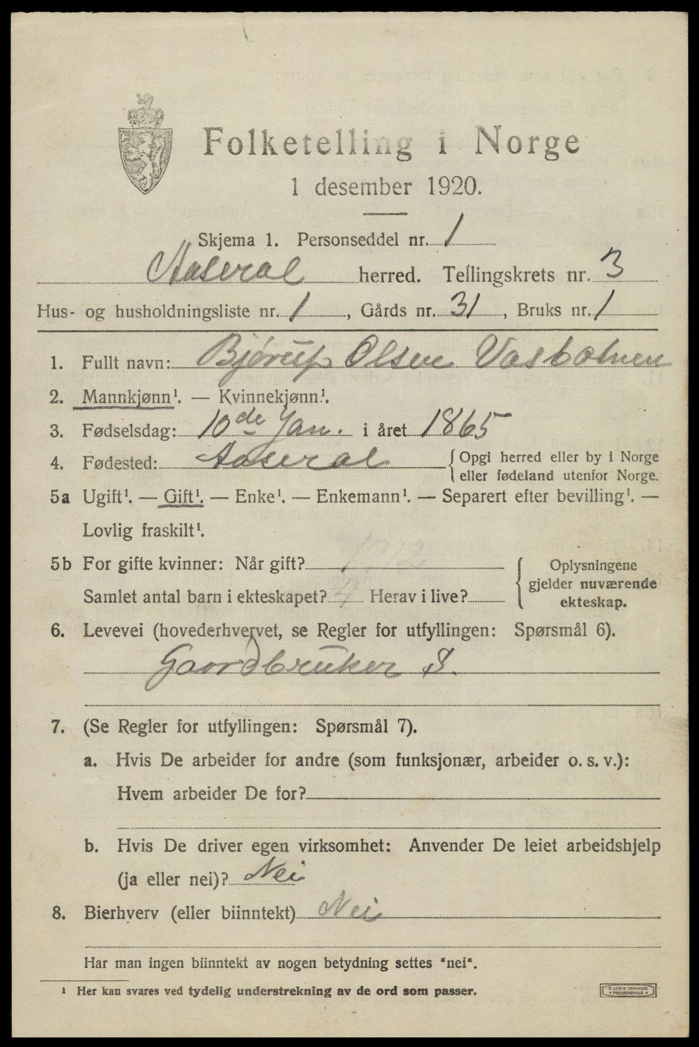 SAK, 1920 census for Åseral, 1920, p. 996