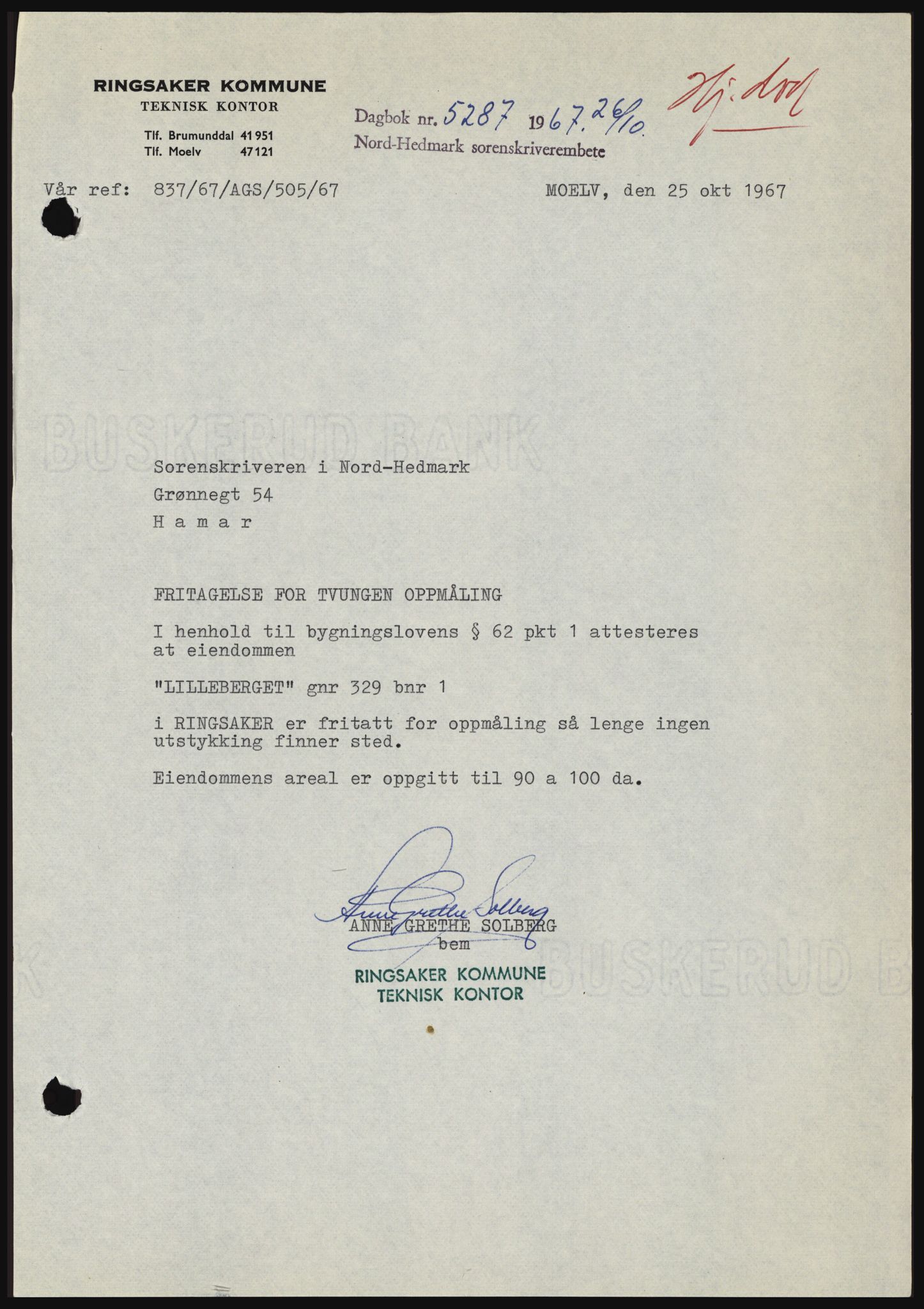 Nord-Hedmark sorenskriveri, AV/SAH-TING-012/H/Hc/L0026: Mortgage book no. 26, 1967-1967, Diary no: : 5287/1967