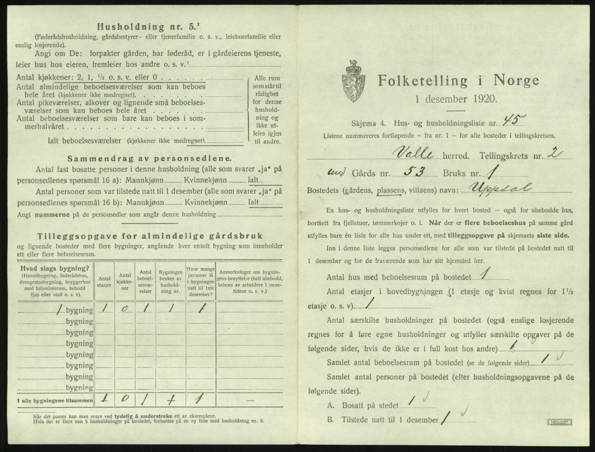 SAK, 1920 census for Valle, 1920, p. 205